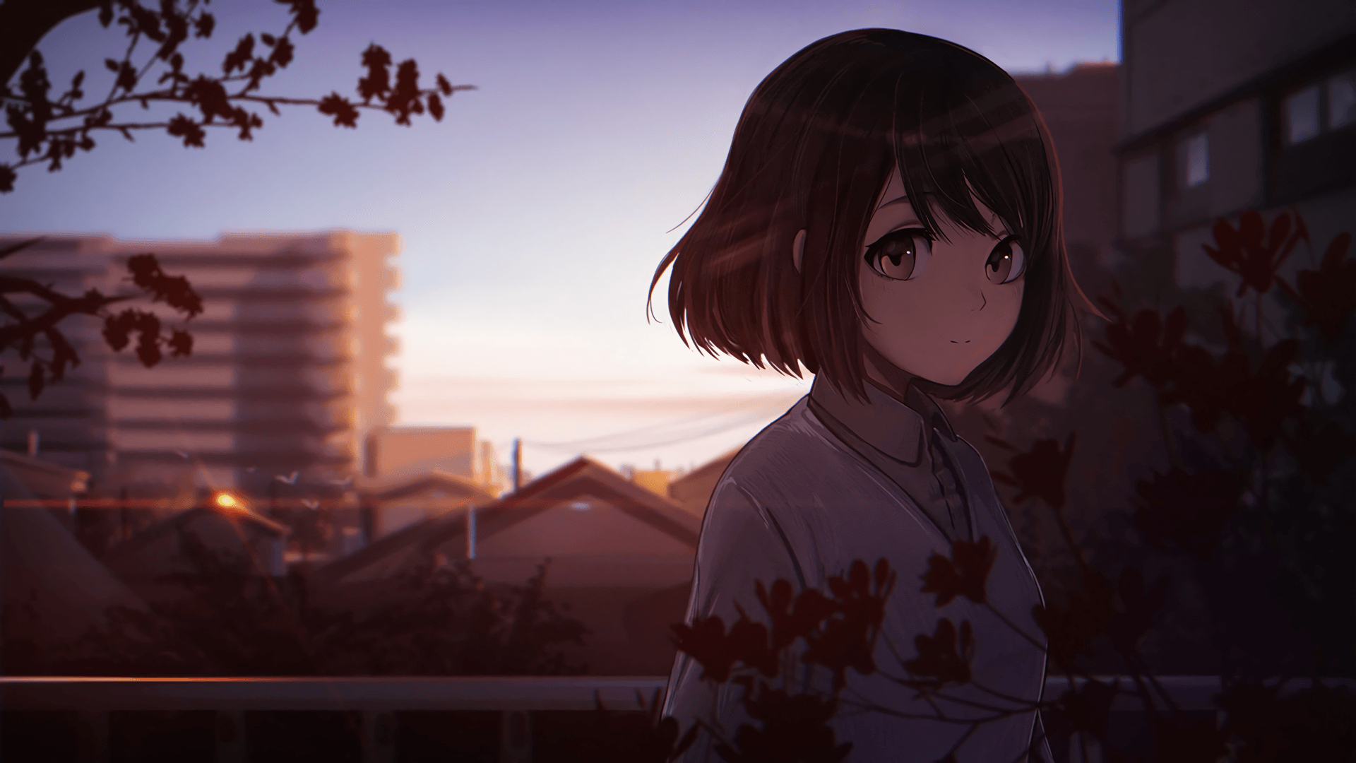 1920x1080 Anime Wallpaper  anime girls, short hair, tree, city, Desktop