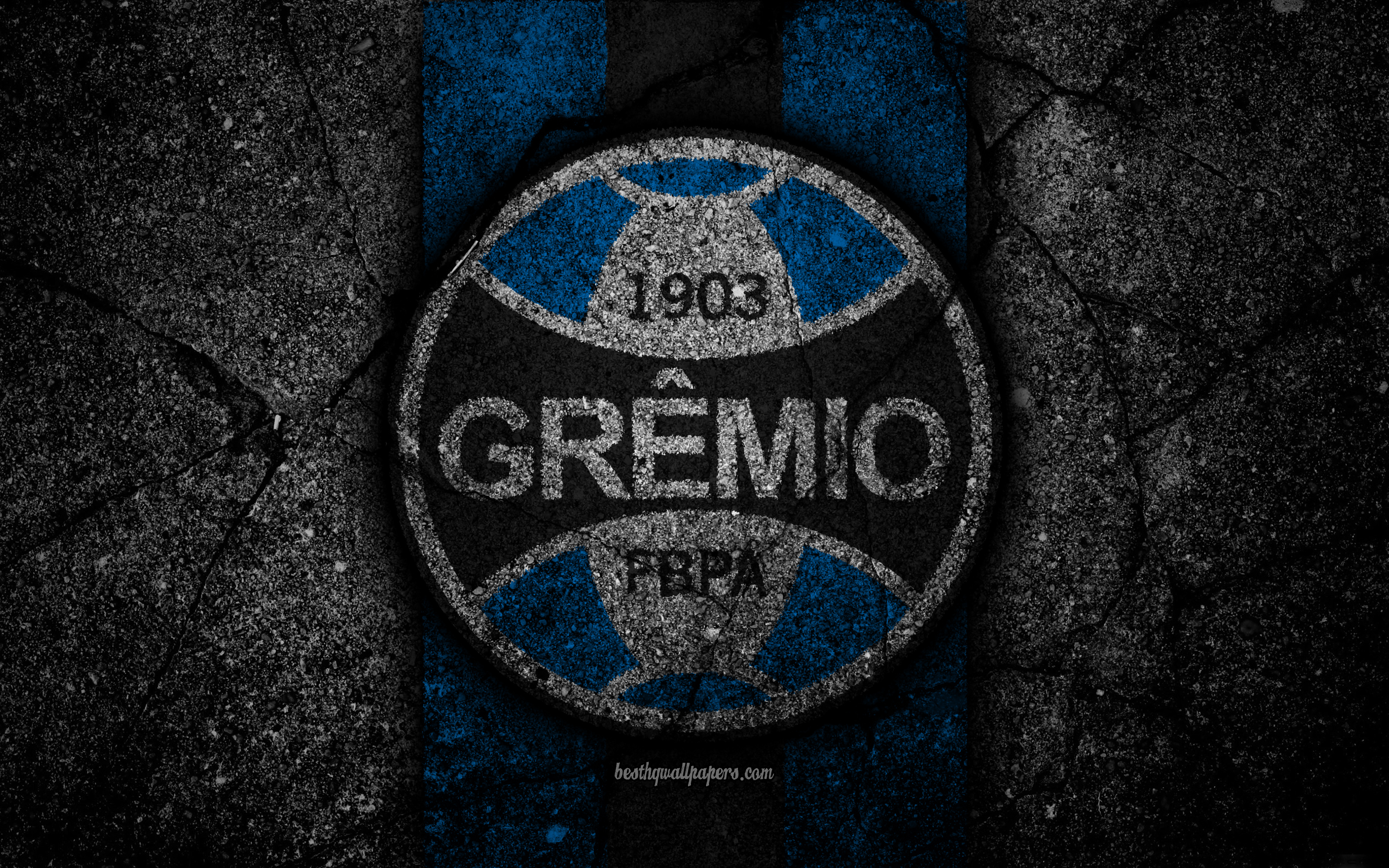 3840x2400 Download wallpaper 4k, Gremio FC, logo, Brazilian Seria A, soocer, black stone, Brazil, Gremio, football club, asphalt texture, FC Gremio for desktop with resolution. High Quality HD picture wallpaper, Desktop