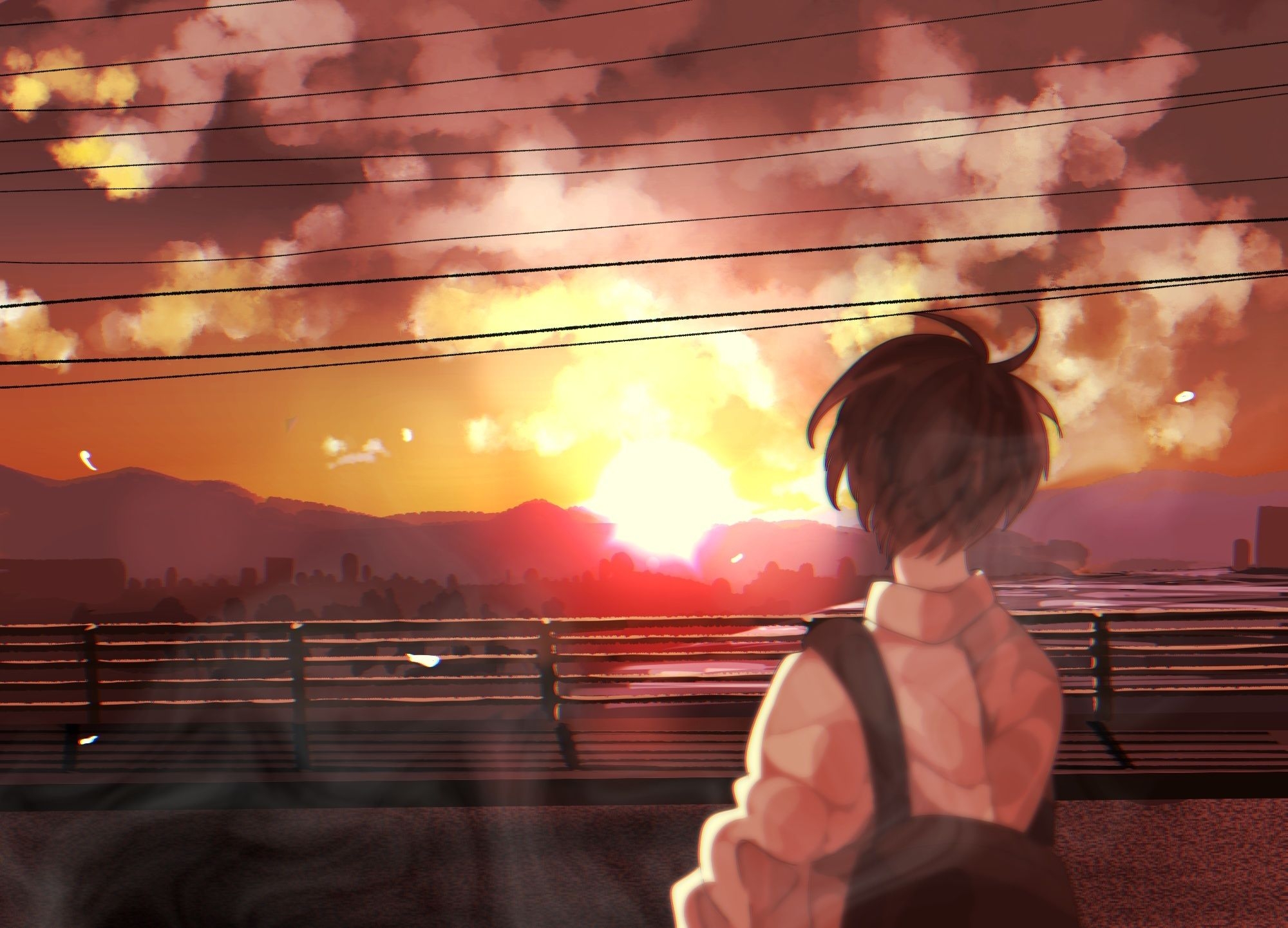 2000x1450 Download  Anime Boy, Sunset, School Uniform, Back View, Desktop