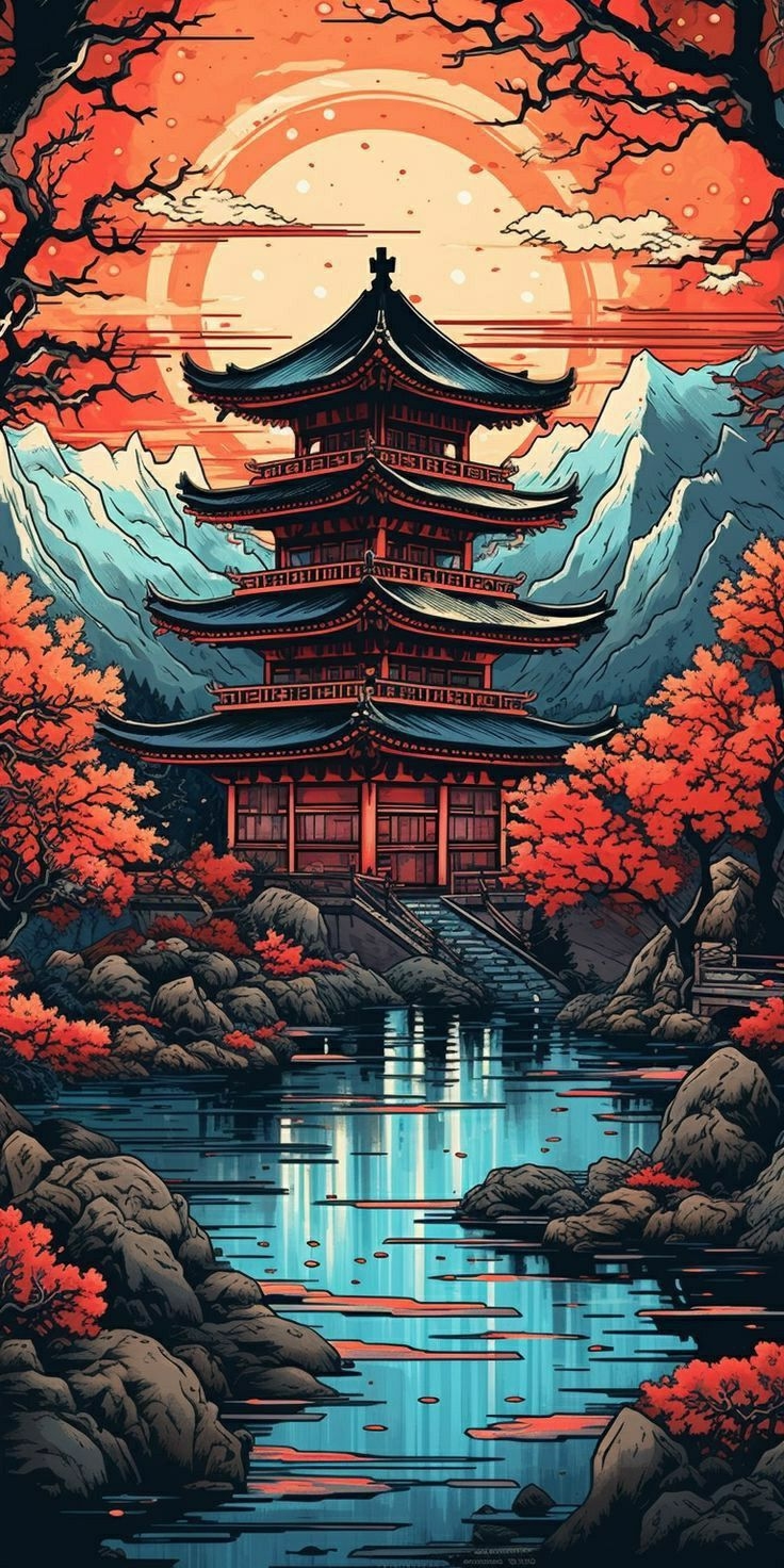 740x1480 Japanese Temple Artwork iPhone wallpaper Beautiful HD iPhone Samsung Mobile Phone Wallpaper. Japanese pop art, Pixel art landscape, Art gallery wallpaper, Phone