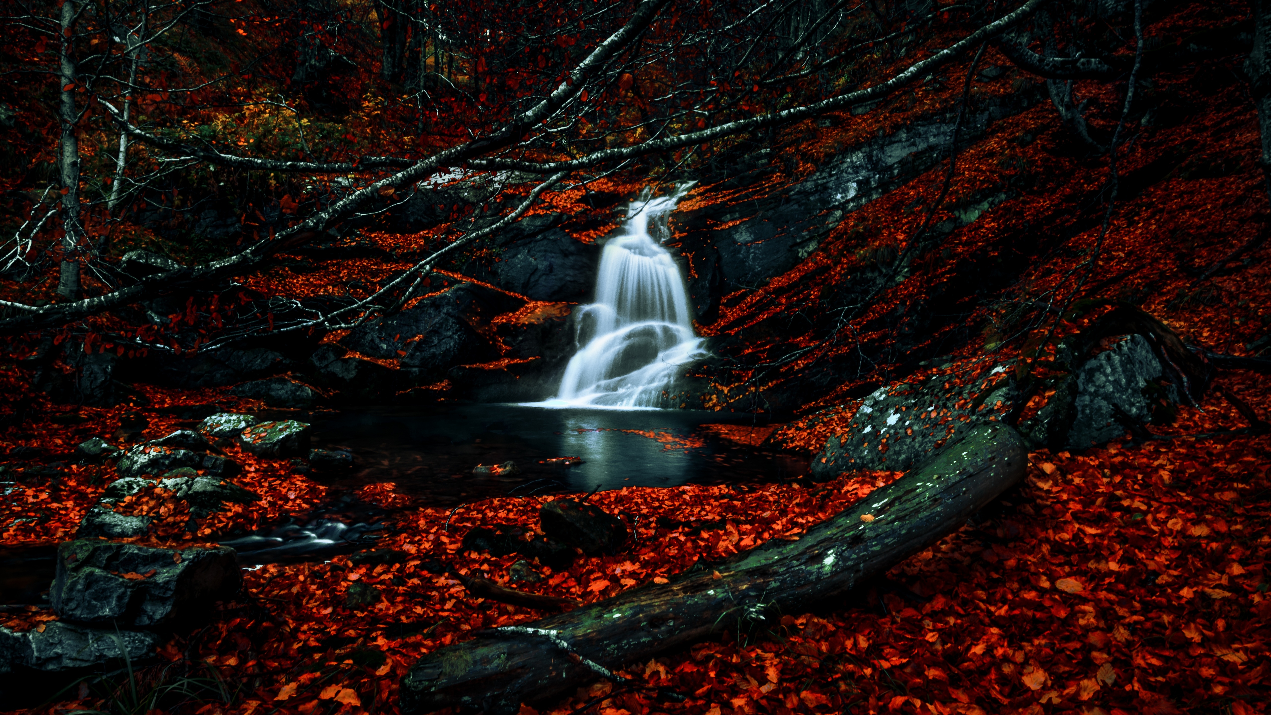 5120x2880 Waterfalls Wallpaper 4K, Autumn, Dark Forest, Foliage, Woods, Red leaves, Nature, Desktop