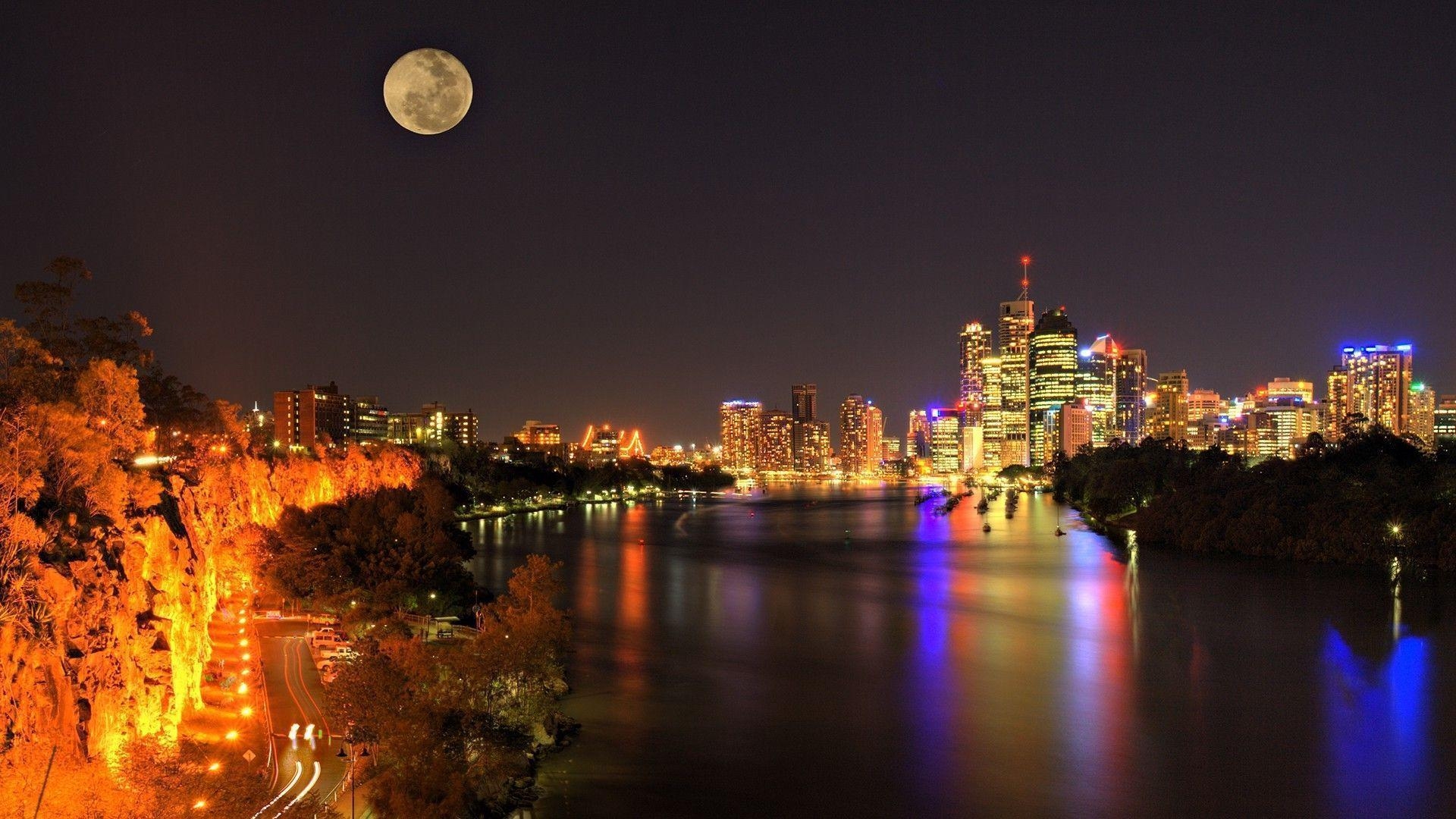 1920x1080 cityscape, Lights, Building, Moon, River, Australia, Brisbane, Desktop