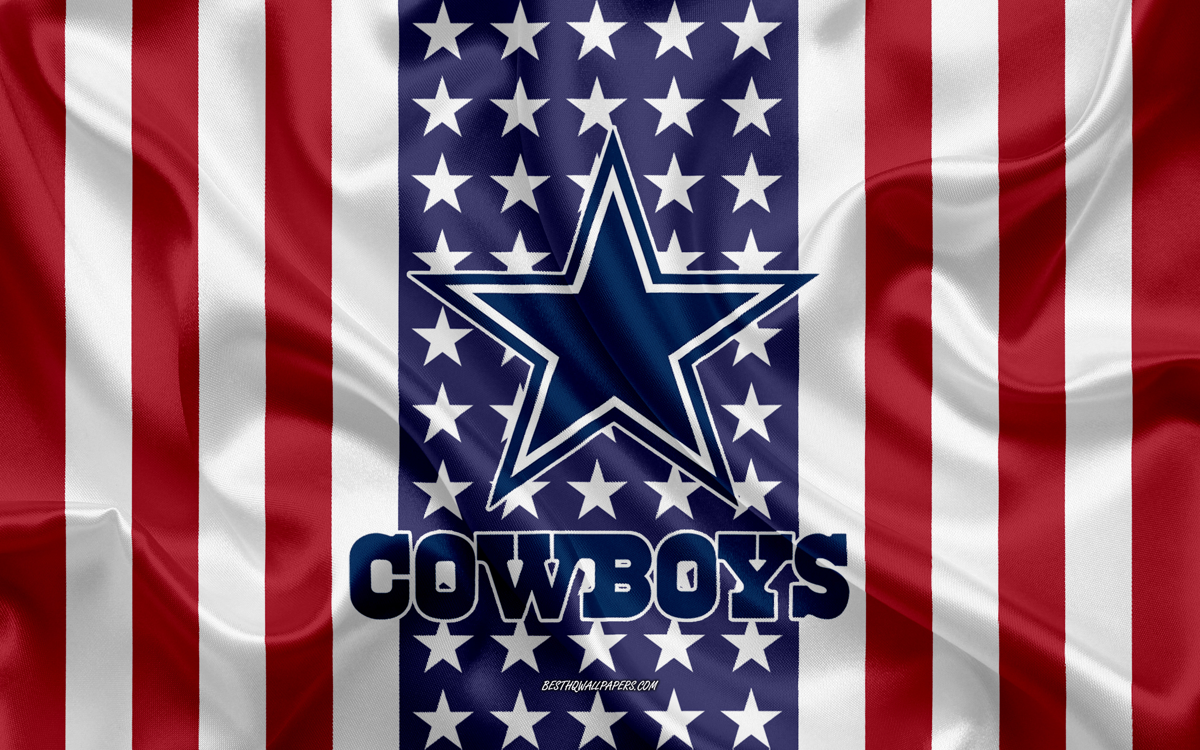 3840x2400 Download wallpaper Dallas Cowboys, 4k, logo, emblem, silk texture, American flag, American football club, NFL, Arlington, Texas, USA, National Football League, american football, silk flag for desktop with resolution. High Quality, Desktop