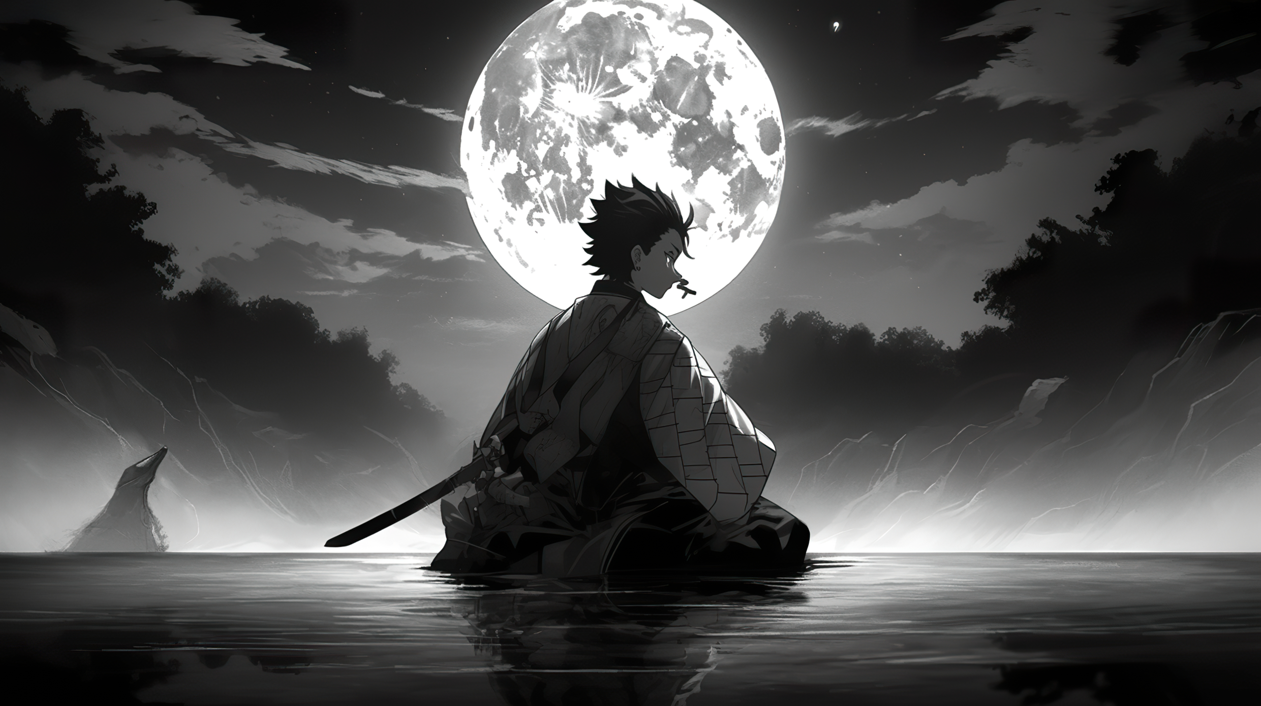 2570x1440 Tanjiro Kamado Moon Background Manga, Desktop