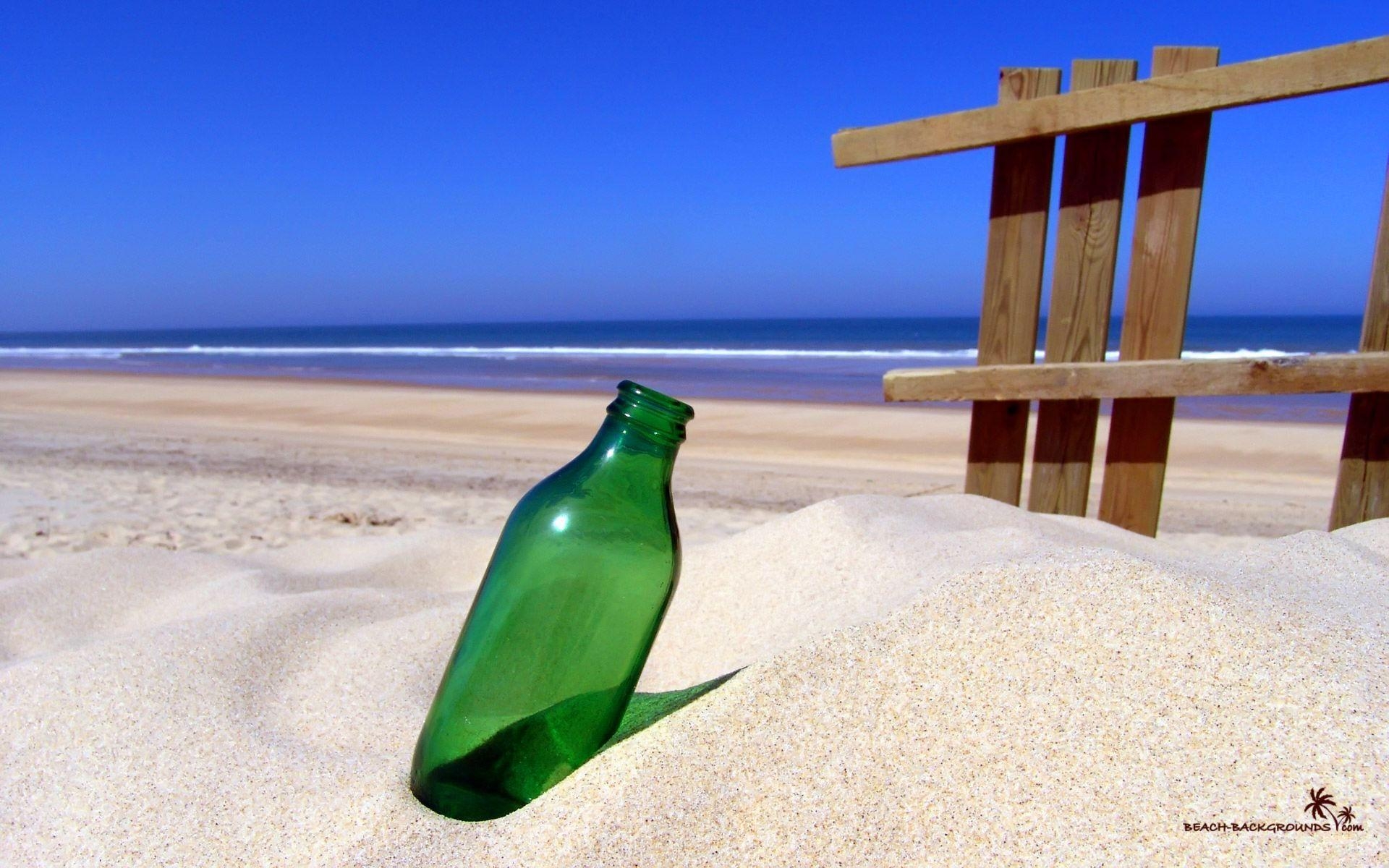 1920x1200 Green Bottle On Sandy Beach Wallpaper, Desktop