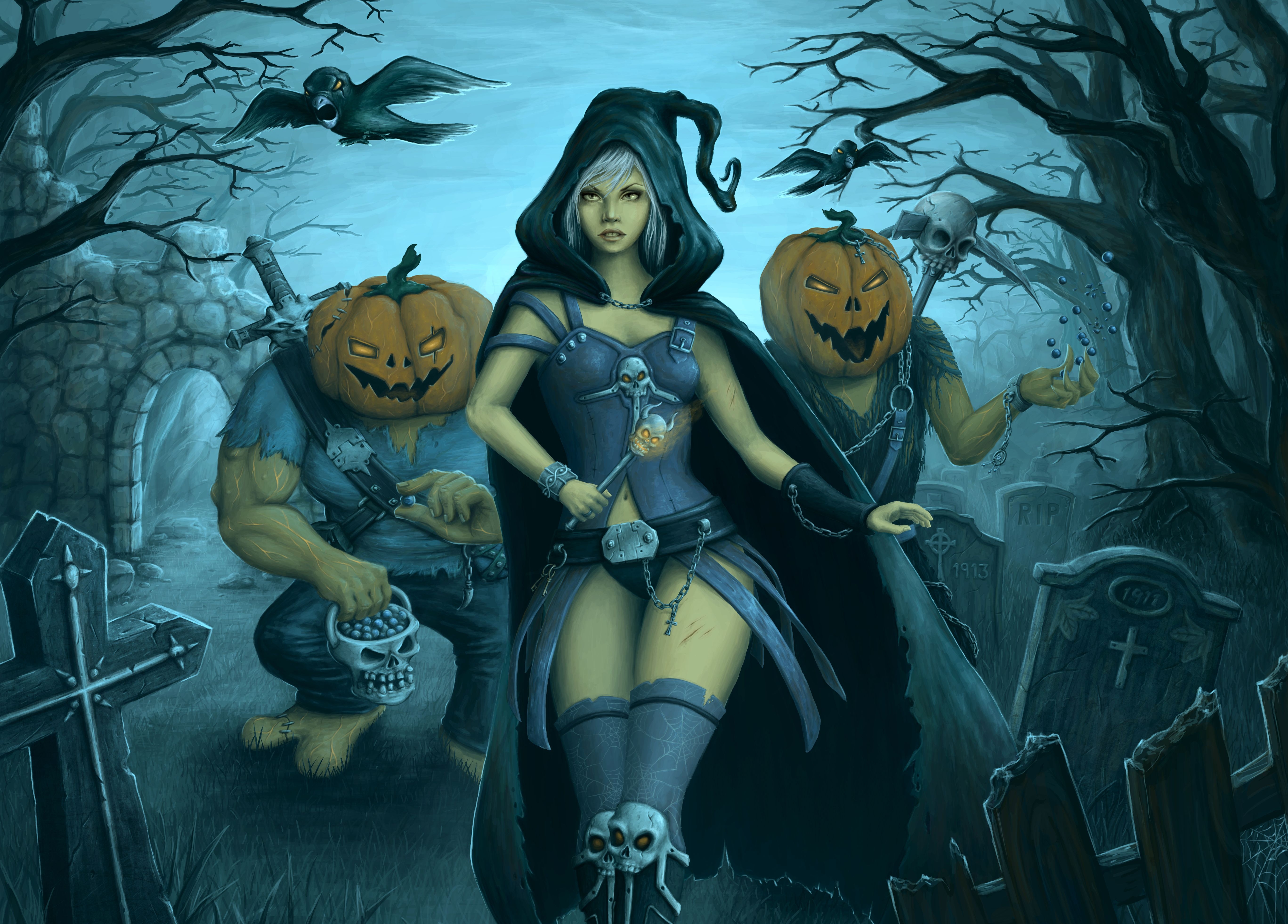 5470x3930 #cemetery, #Gothic, #dark, #pumpkin, #skulls, #Girls, Desktop