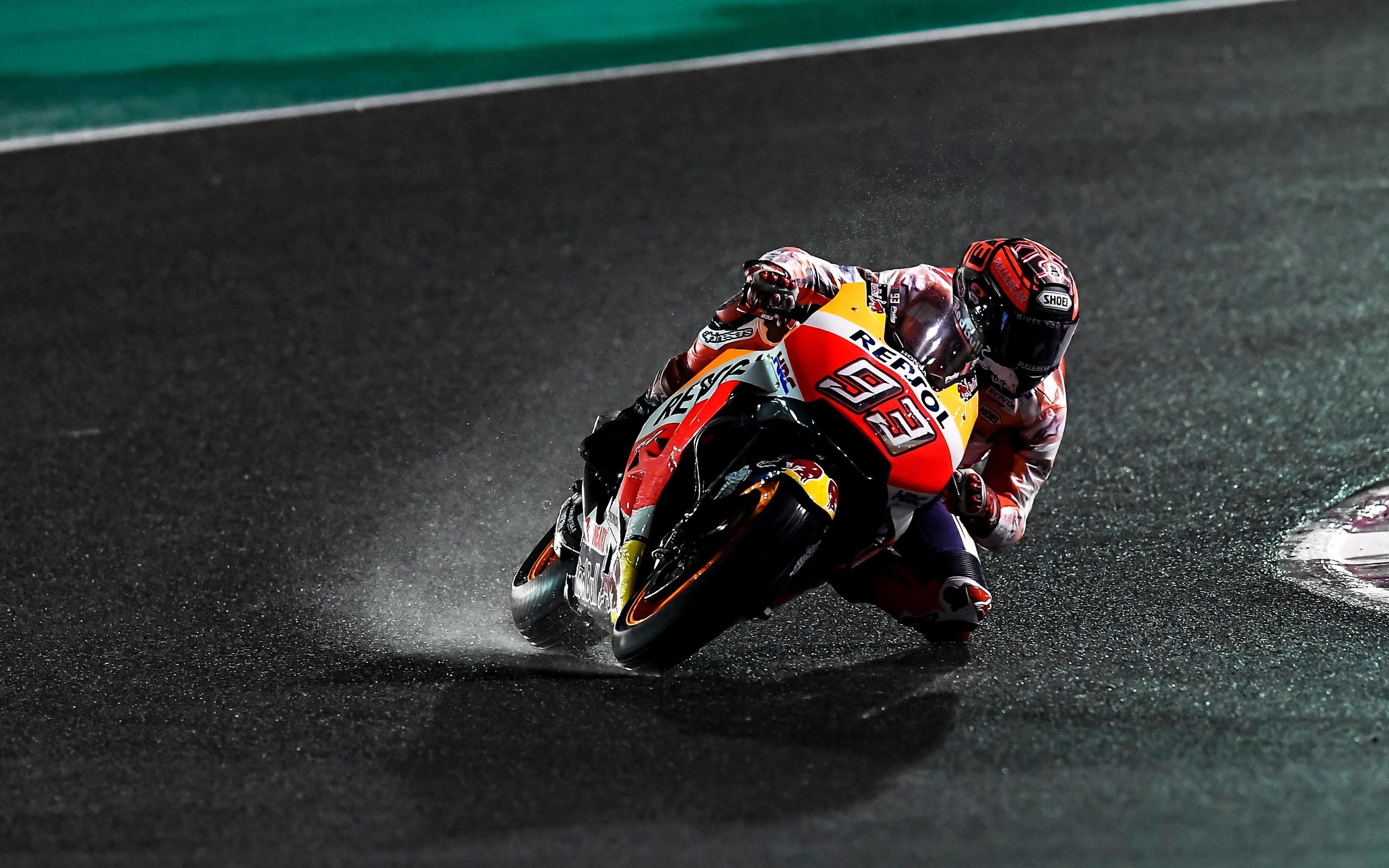 3840x2400 Download wallpaper 4k, Marc Marquez, rain, Honda RC213V, night, Desktop