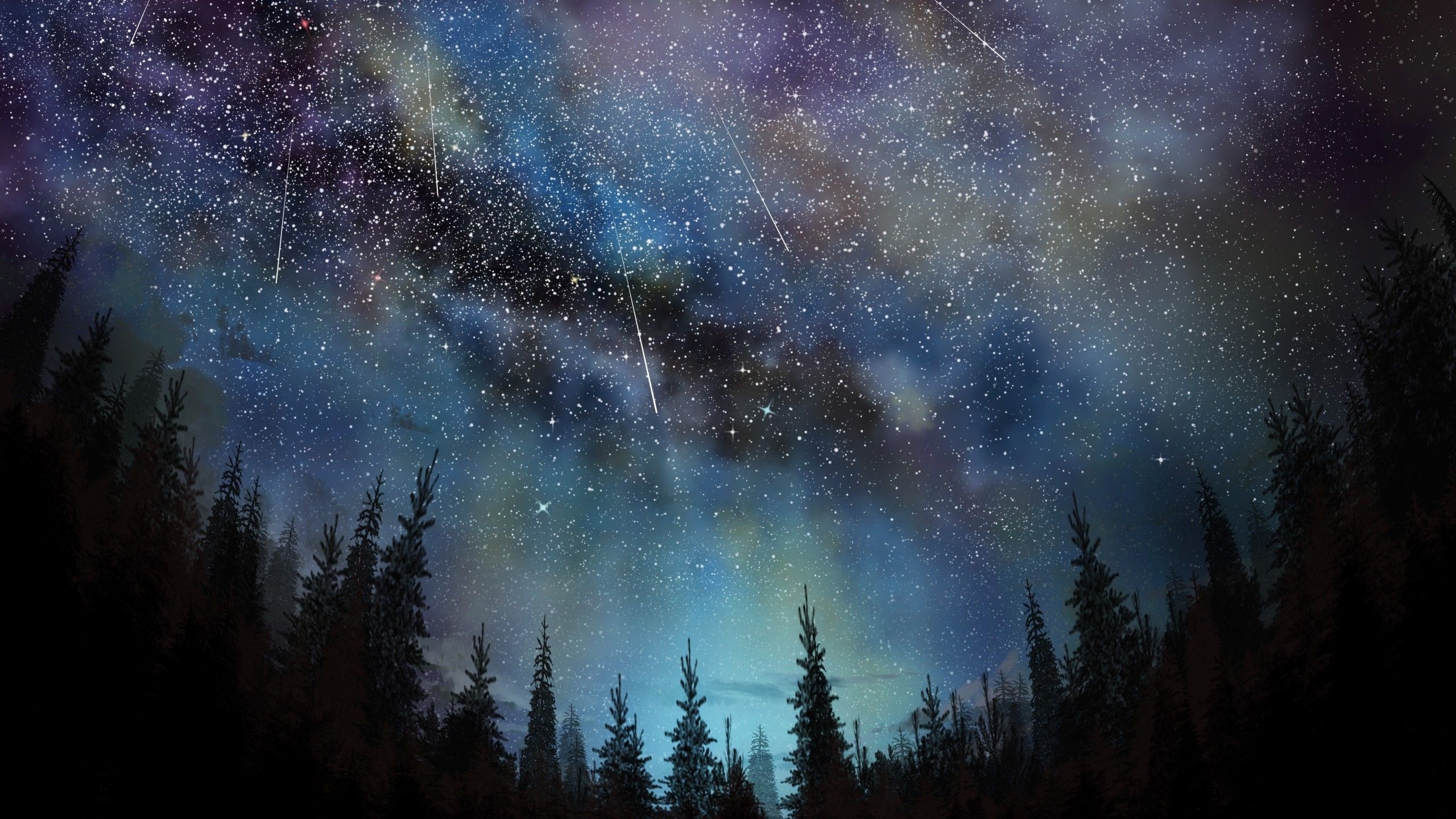 2560x1440 Download  Stars, Trees, Sky, Night Wallpaper for iMac 27, Desktop