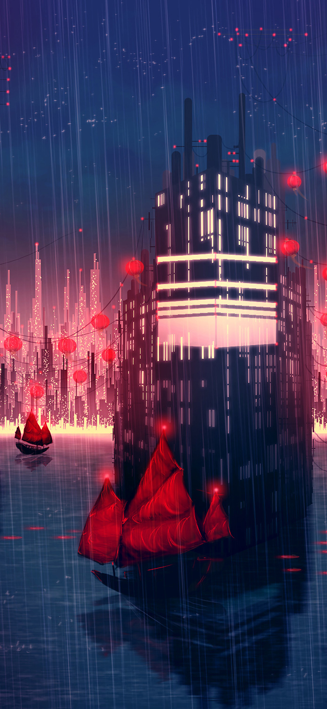 1130x2440 rainy anime city art illust, Phone