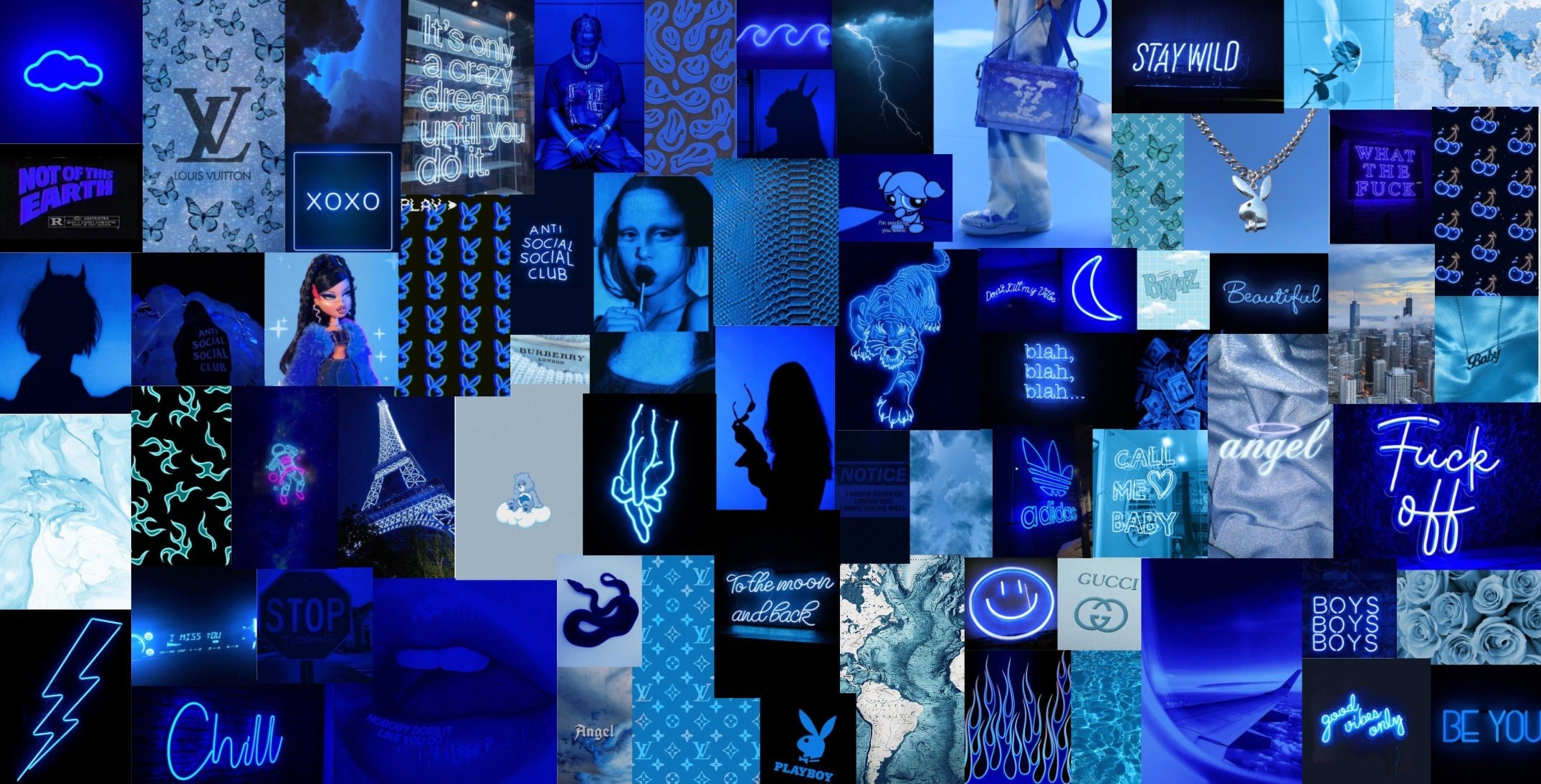 2150x1100 Neon Blue Boujee Aesthetic Wall Collage Kit Digital Download, Desktop