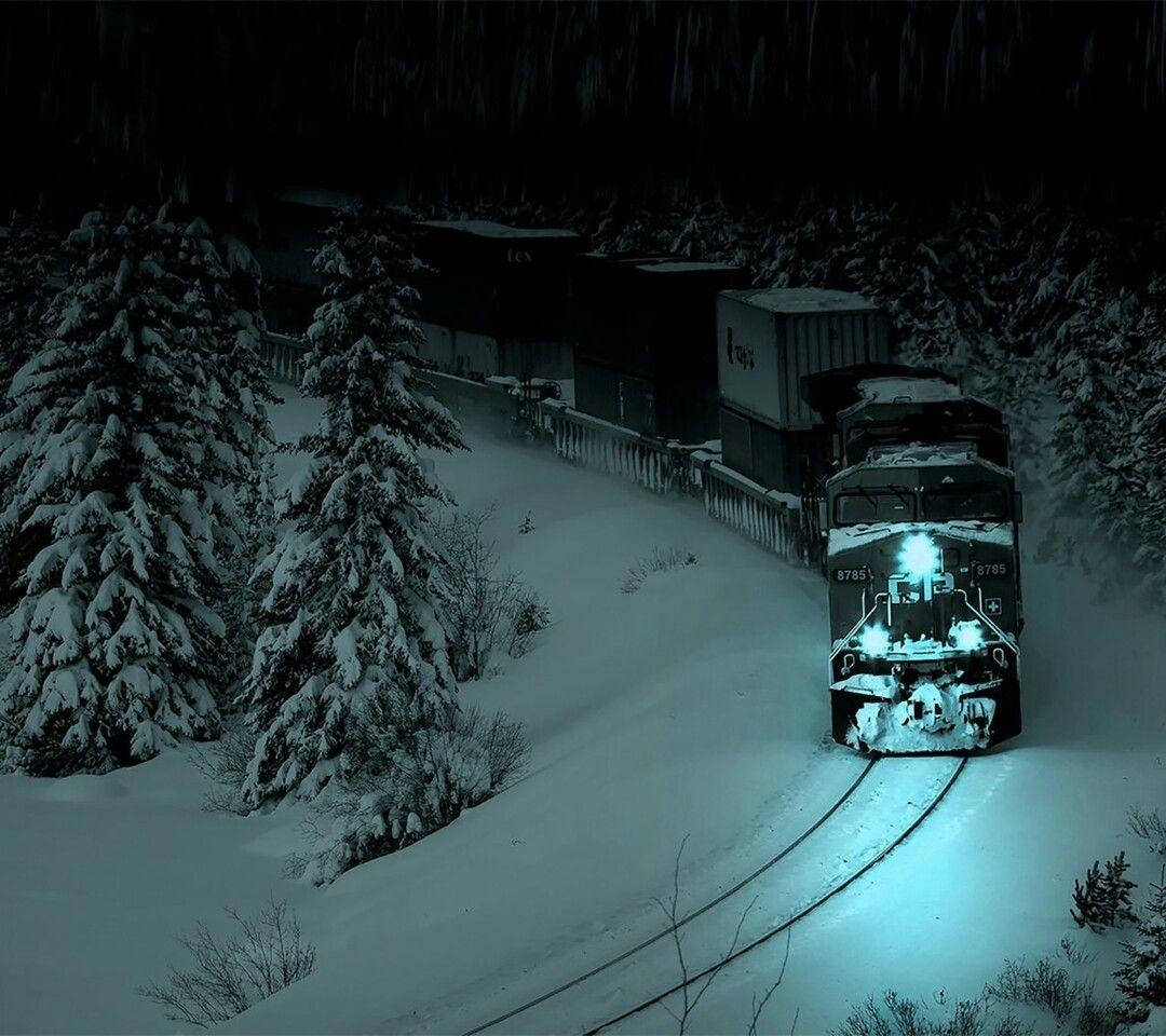 1080x960 Train lit curve on a cold, snowy night. Background 2 Wallpaper 4, Desktop