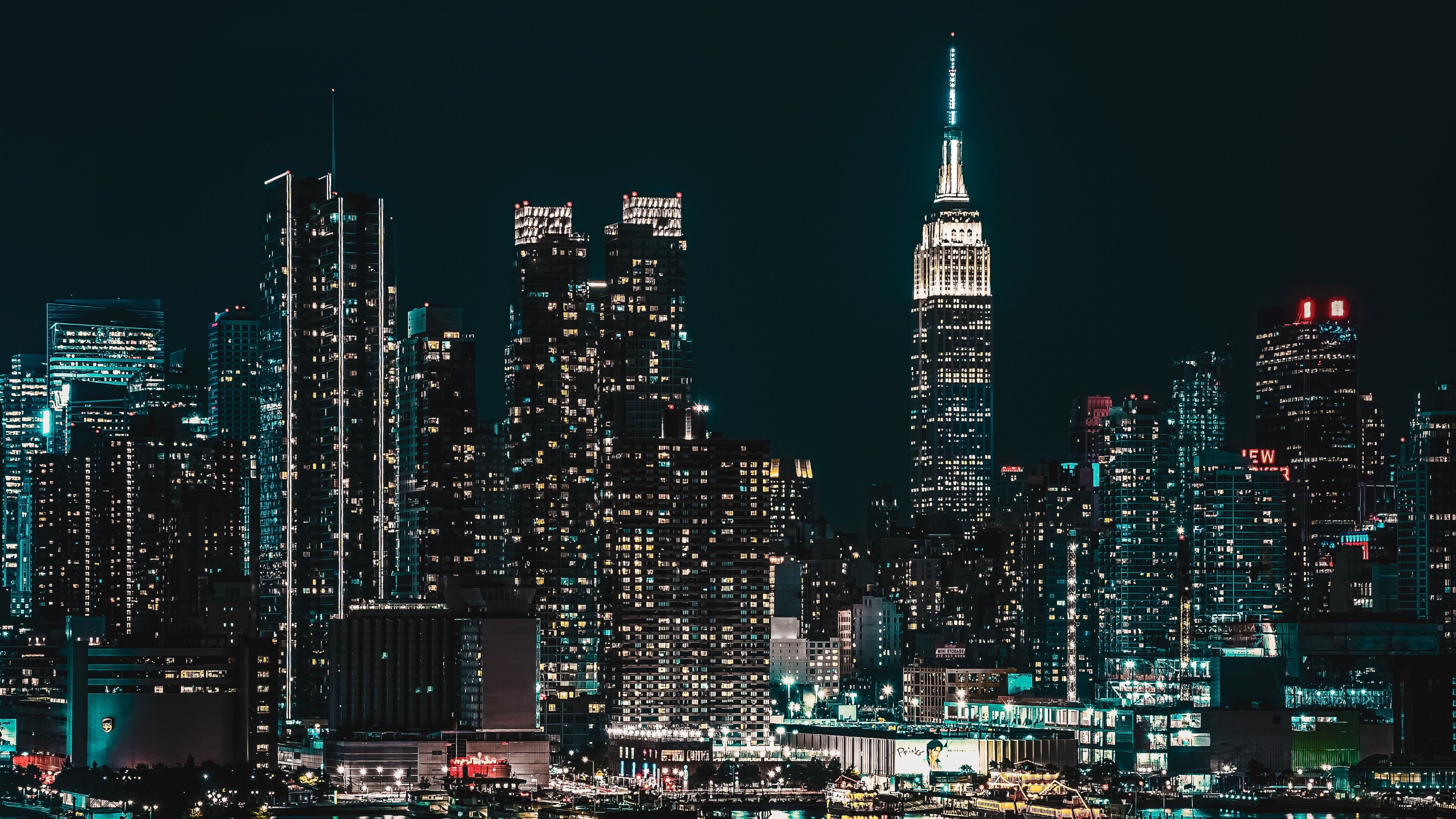 5120x2880 New York City 4K Wallpaper, Cityscape, Night, City lights, Half moon, Starry sky, World, Desktop