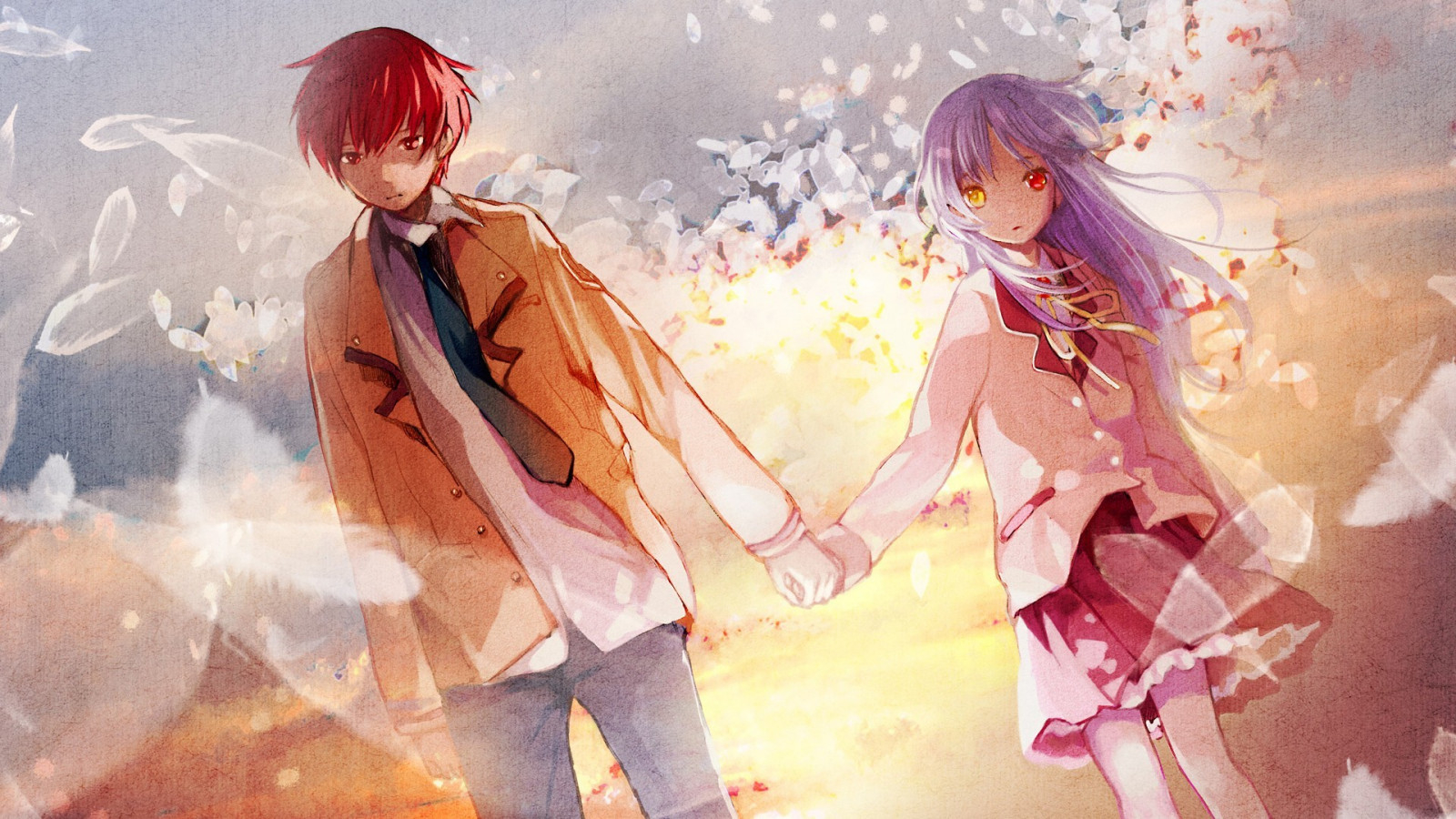 1600x900 Wallpaper, illustration, anime girls, anime boys, Angel Beats, Tachibana Kanade, Otonashi Yuzuru, holding hands, tie, romance 1920x1080, Desktop