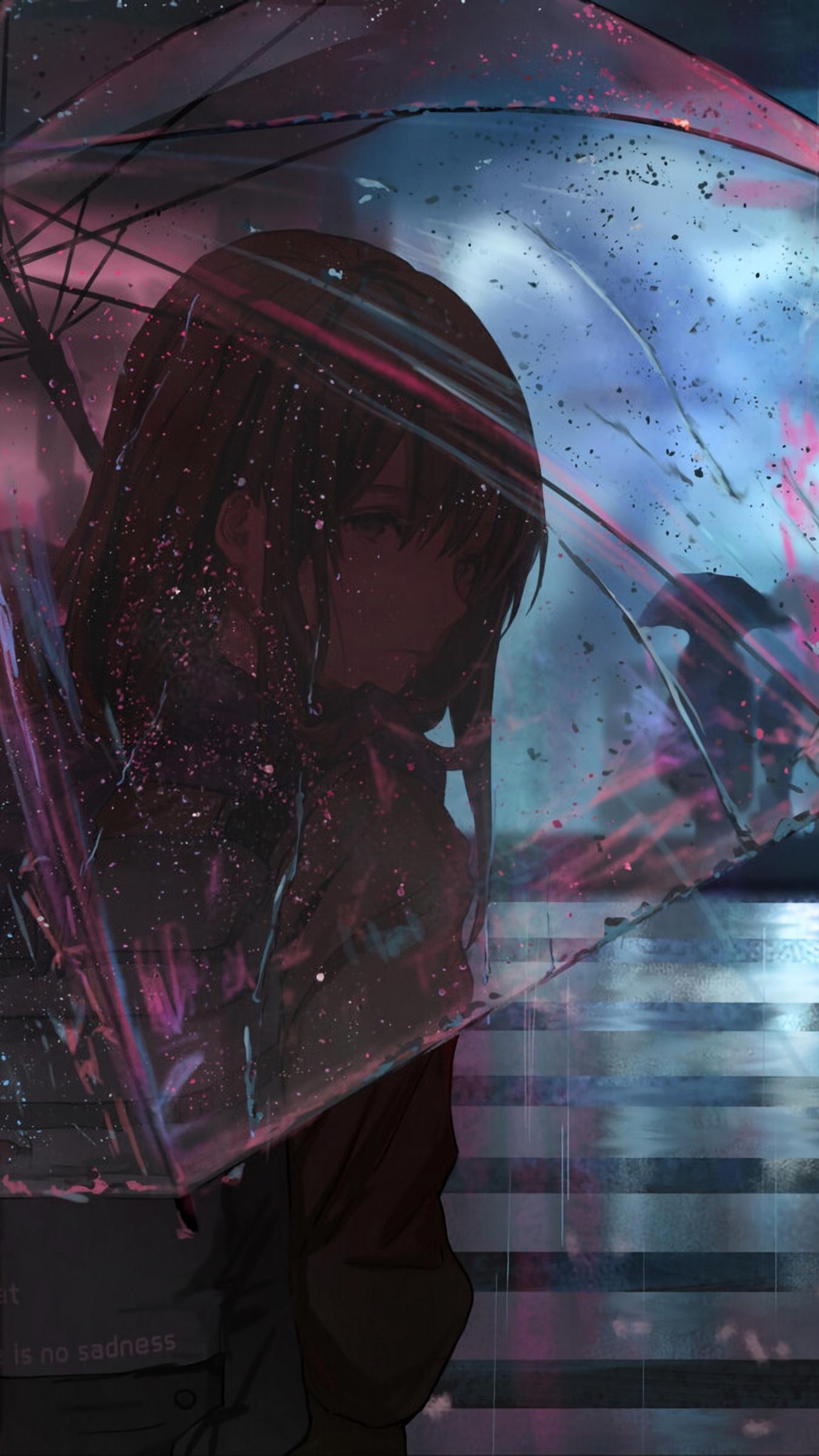 1350x2400 Download wallpaper  girl, umbrella, anime, rain, street, Phone