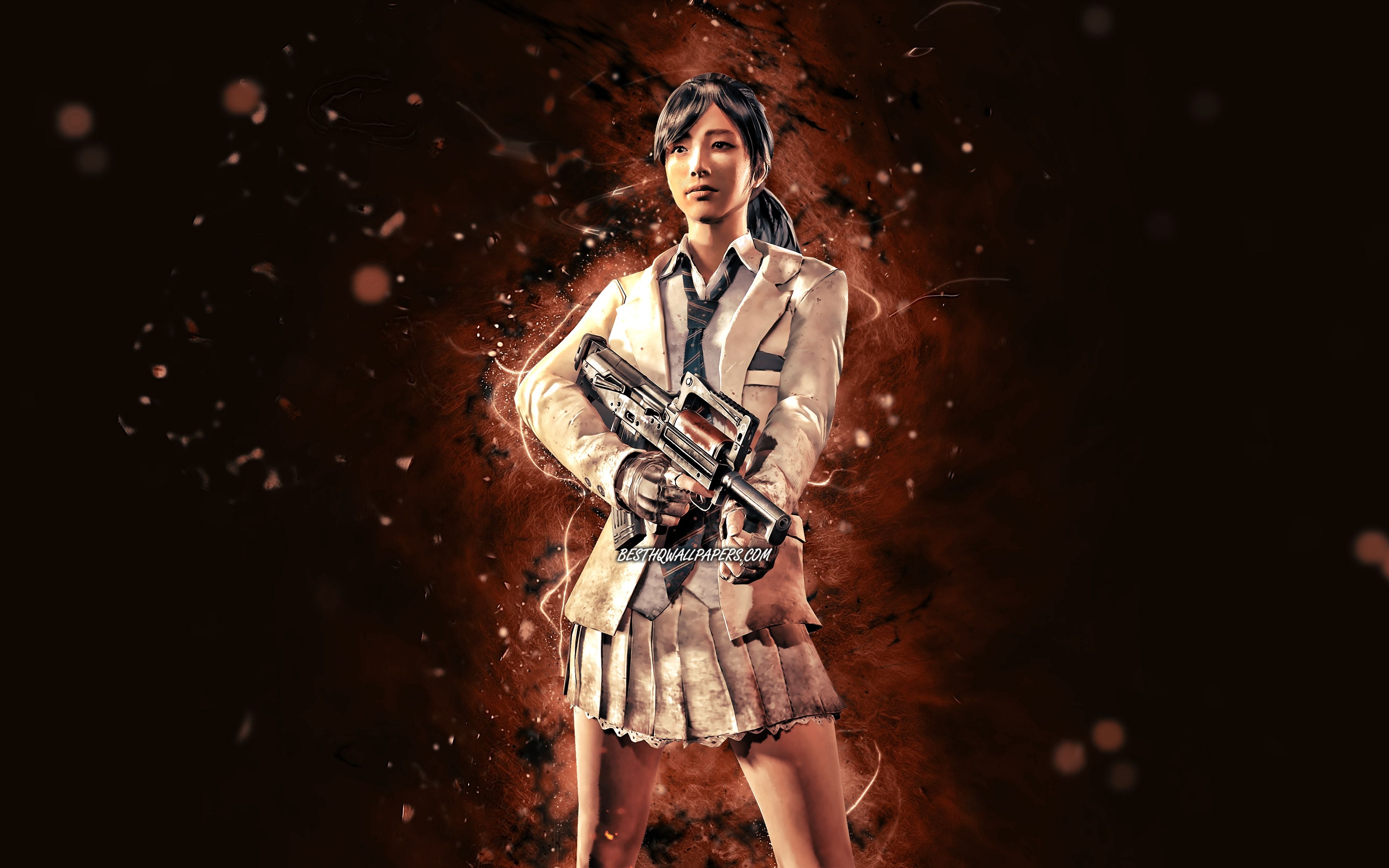 3840x2400 Download wallpaper Schoolgirl, 4k, brown neon lights, PUBG, PlayerUnknowns Battlegrounds, creative, PUBG characters, Schoolgirl PUBG for desktop with resolution. High Quality HD picture wallpaper, Desktop