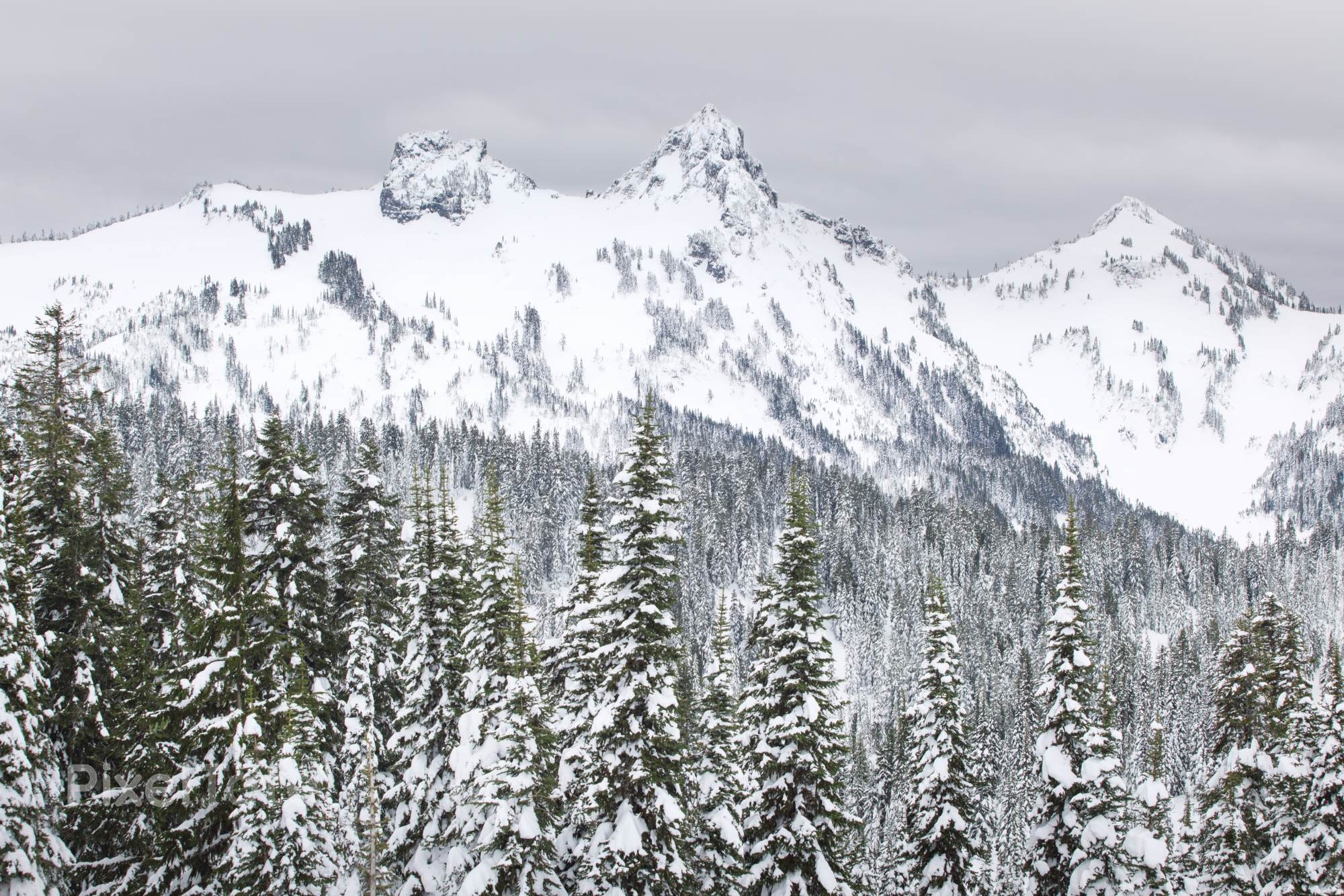 2000x1340 Winter Landscape With Snow Covered Mountain Peaks And Evergreens, Desktop