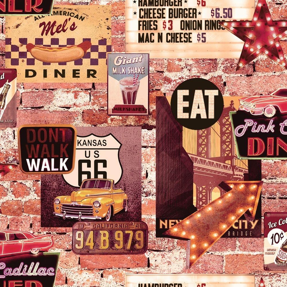 1000x1000 Arthouse American Diner Retro 60s Brick Pattern Restaurant Wallpaper, Phone