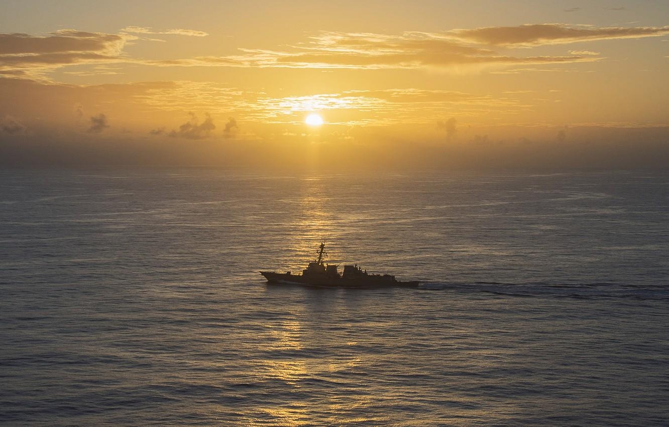 1340x850 Wallpaper sunset, weapons, ship, PHILIPPINE SEA, USS Michael Murphy, Desktop