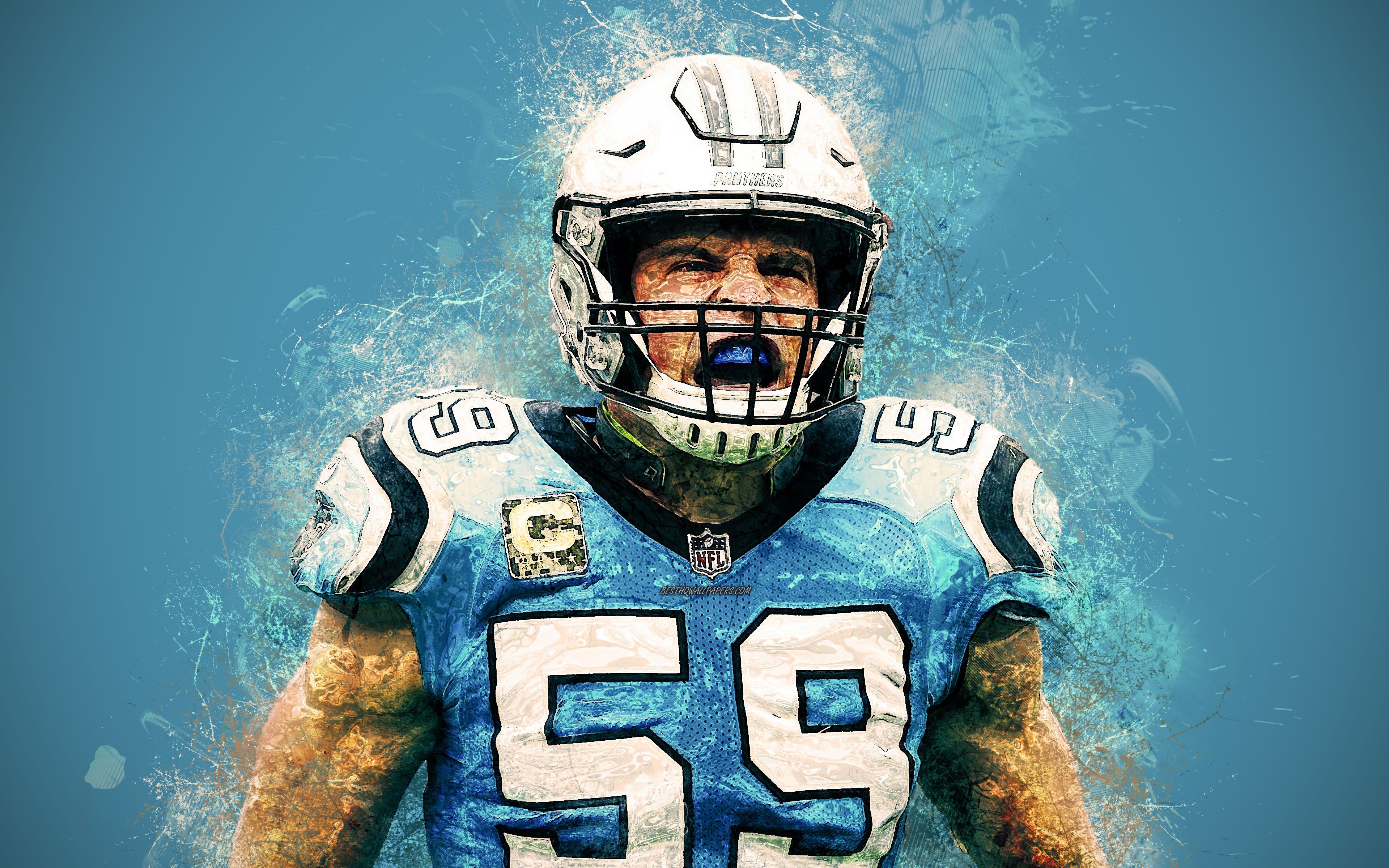 3840x2400 Download wallpaper Luke Kuechly, 4k, NFL, paint art, splashes, Desktop