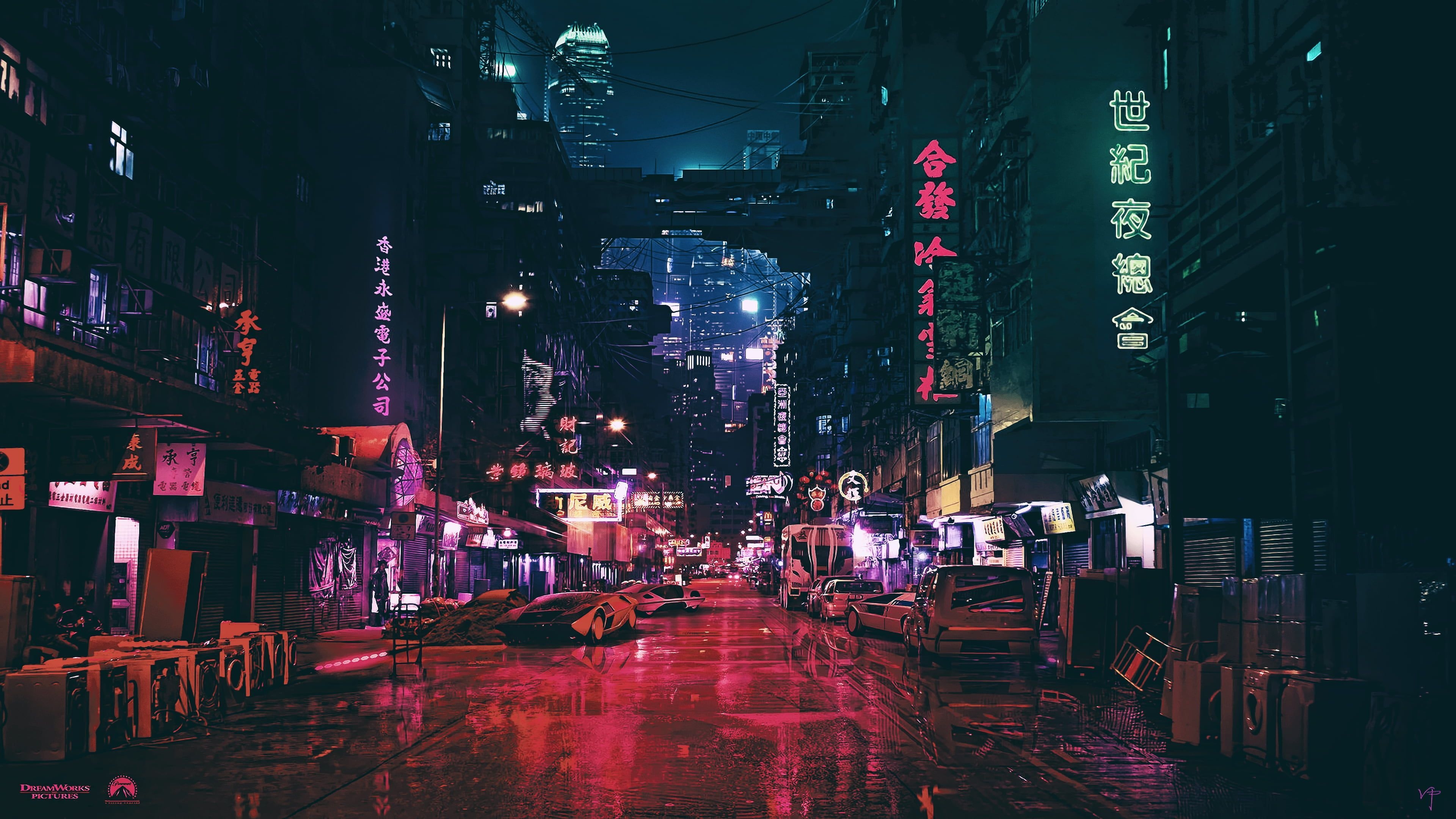 3840x2160 black signages, city roads with lightings and cars #night #artwork, Desktop