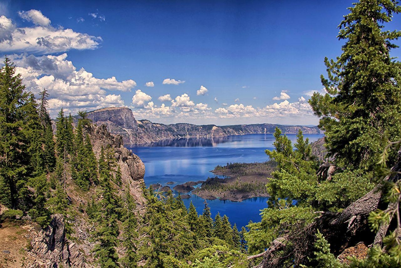 1280x860 Photo USA Crater Lake National Park Nature Spruce Mountains Sky, Desktop