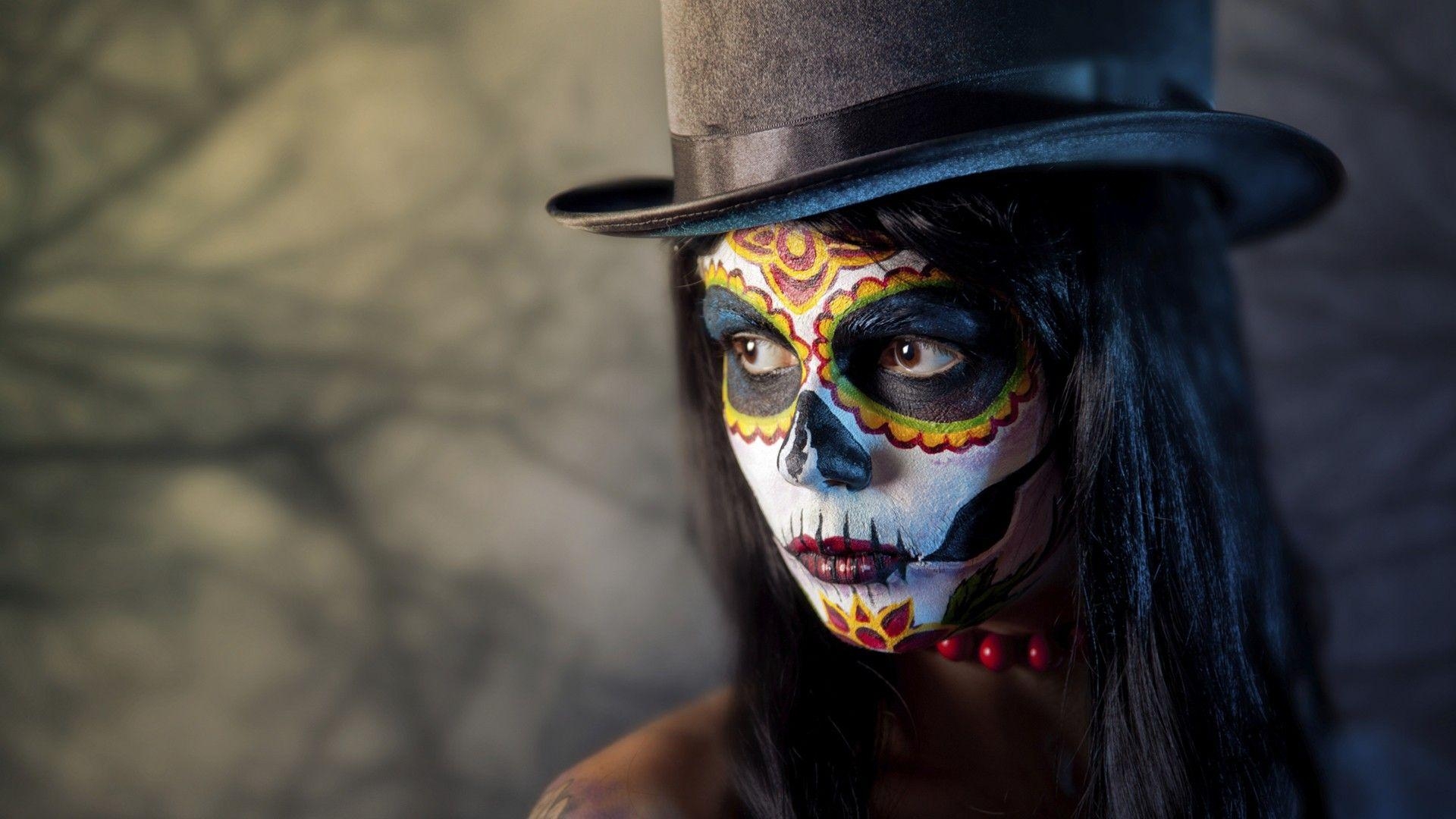 1920x1080 women, Face, Artwork, Photography, Sugar Skull, Top hat, Closeup, Desktop