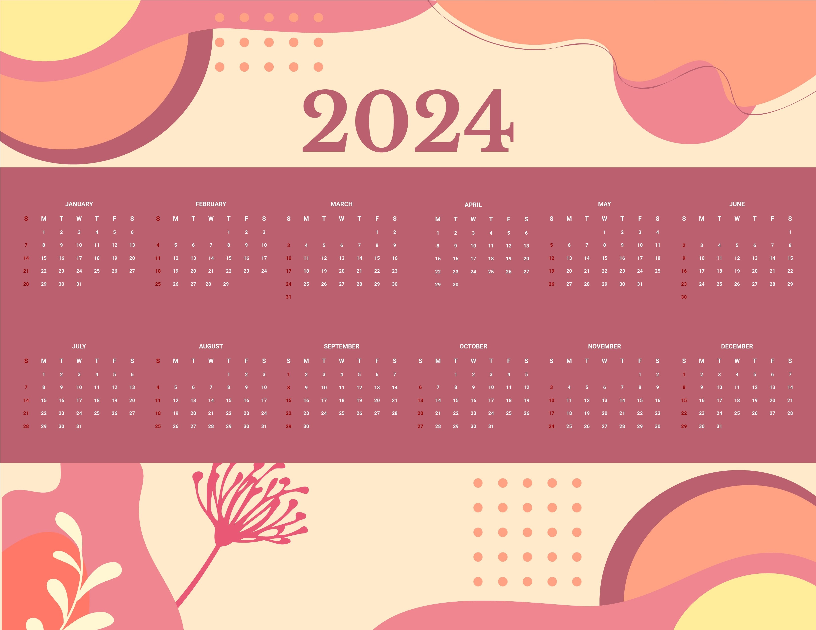 3310x2560 Year 2024 Calendar in Word, Google Docs, Illustrator, EPS, SVG, JPG, Desktop