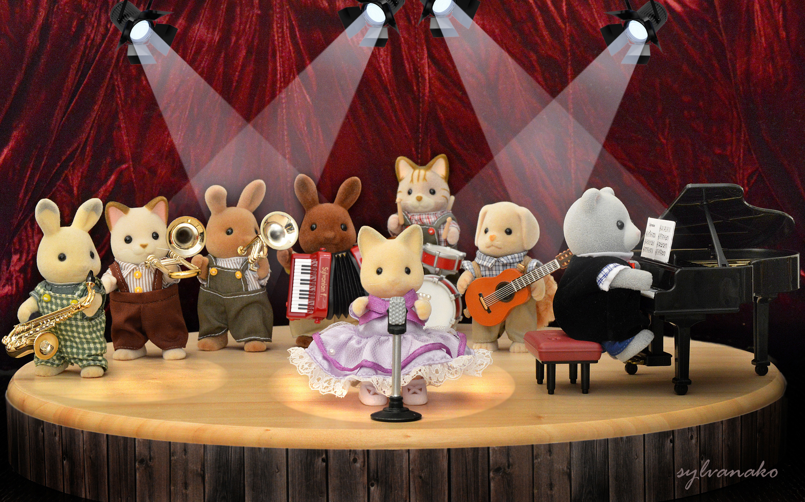 2800x1750 Wallpaper, music, dog, cats, rabbit, miniature, dress, families, accordion, calico, critters, rabbits, sax, saxophone, sylvanianfamilies, sylvanian, calicocritters, Desktop