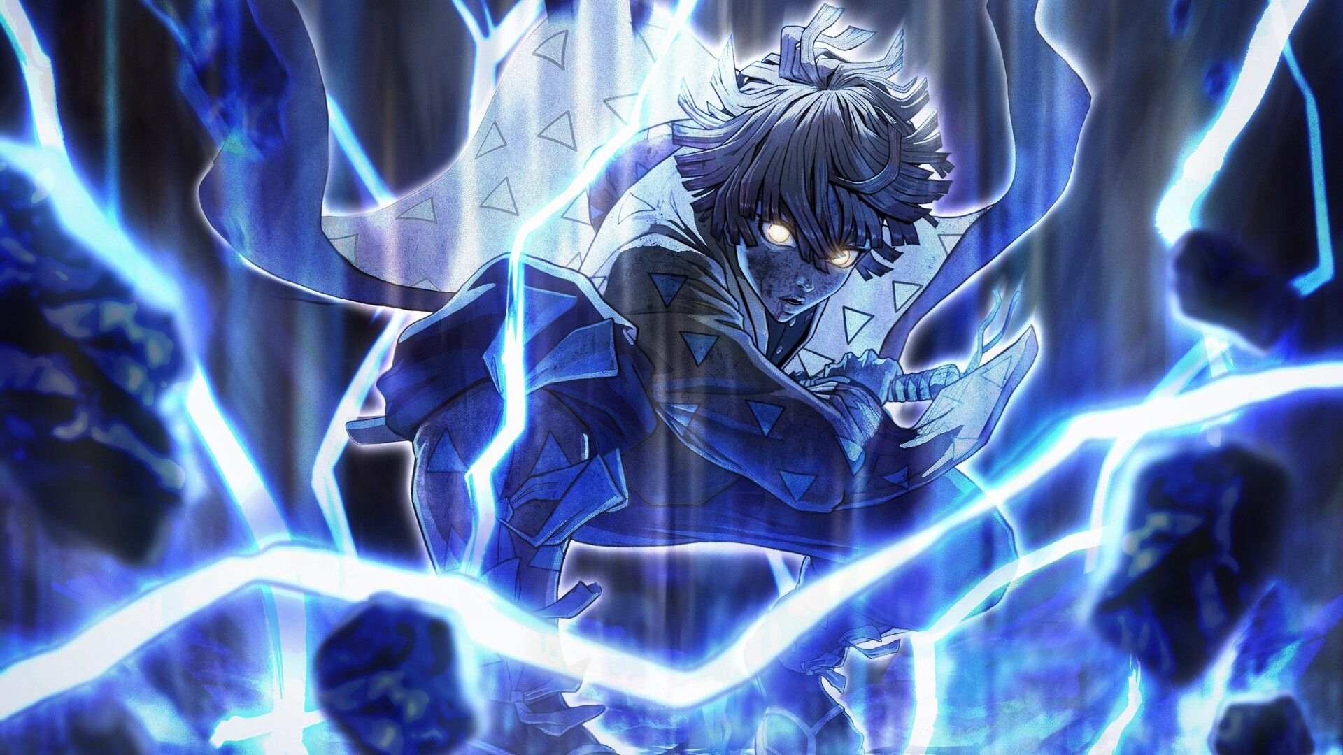 1920x1080 Demon Slayer Zenitsu Agatsuma Around Blue Lightning With Black Backgorund HD Anime Wallpaper, Desktop