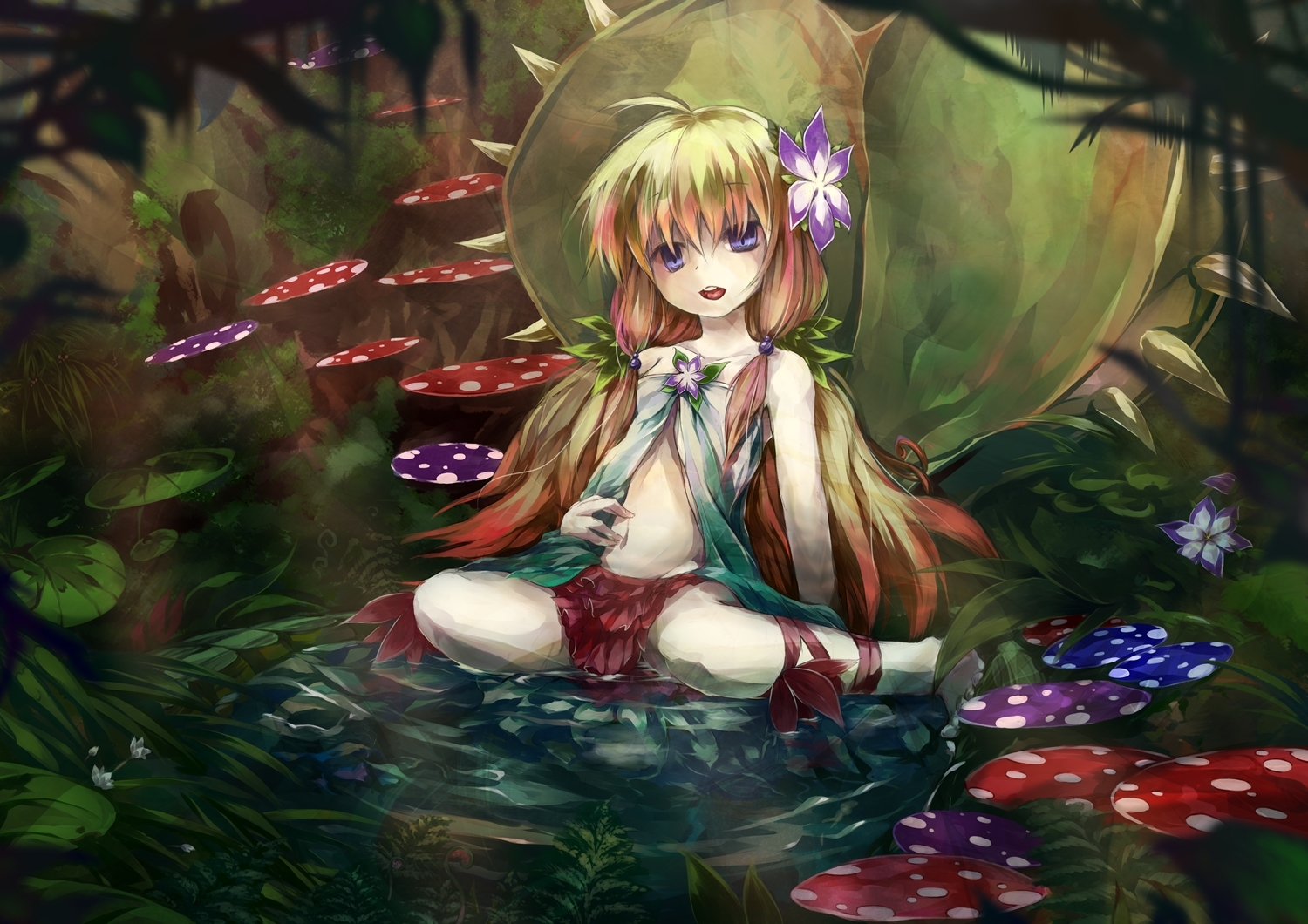 1500x1060 Barefoot Blonde Hair Flowers Forest Long Hair Murachiki Purple Eyes Traptrix Nepenthes Tree Water Wet Yu Gi Oh. Konachan.com.com Anime Wallpaper, Desktop