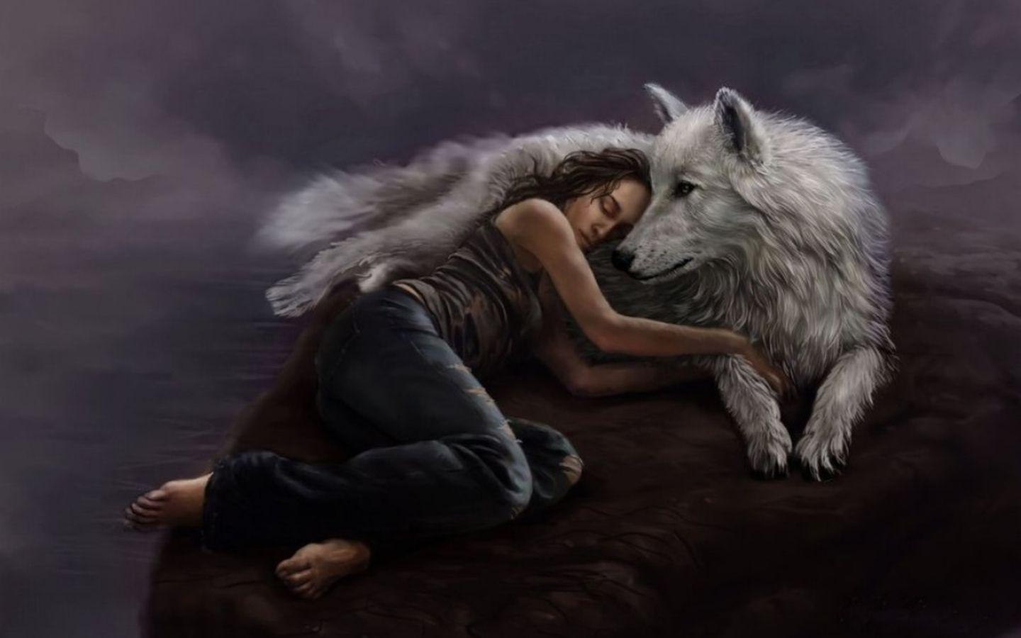 1440x900 Women and Wolf Background. Fantasy, Desktop