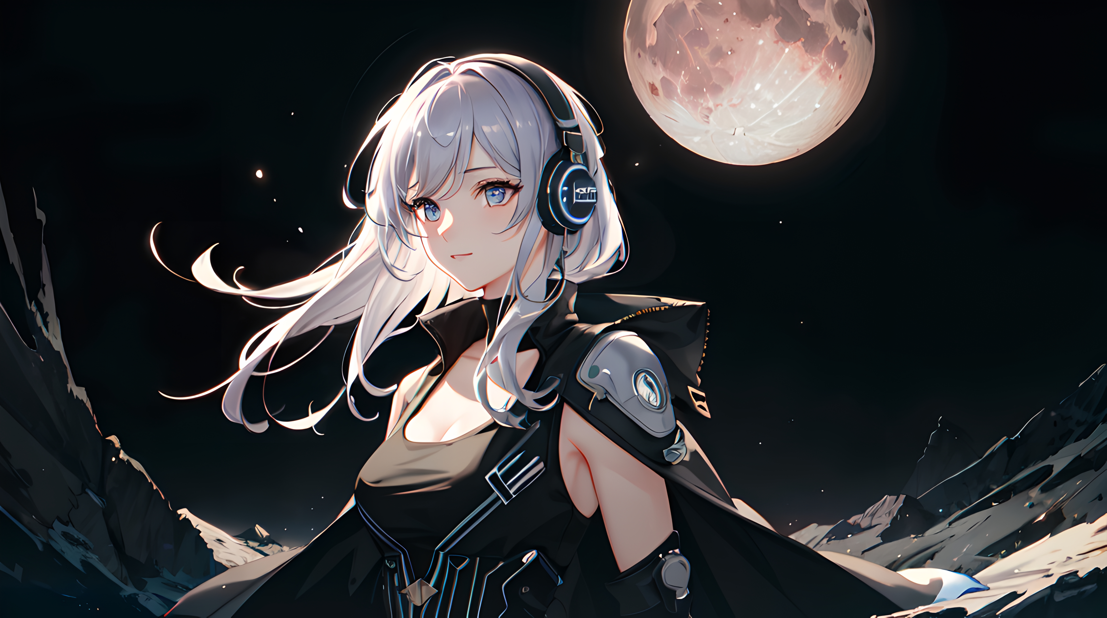 3840x2150 Wallpaper, ai art, anime girls, white hair, Moon, long hair, blue eyes, headphones, night, looking at viewer, Desktop