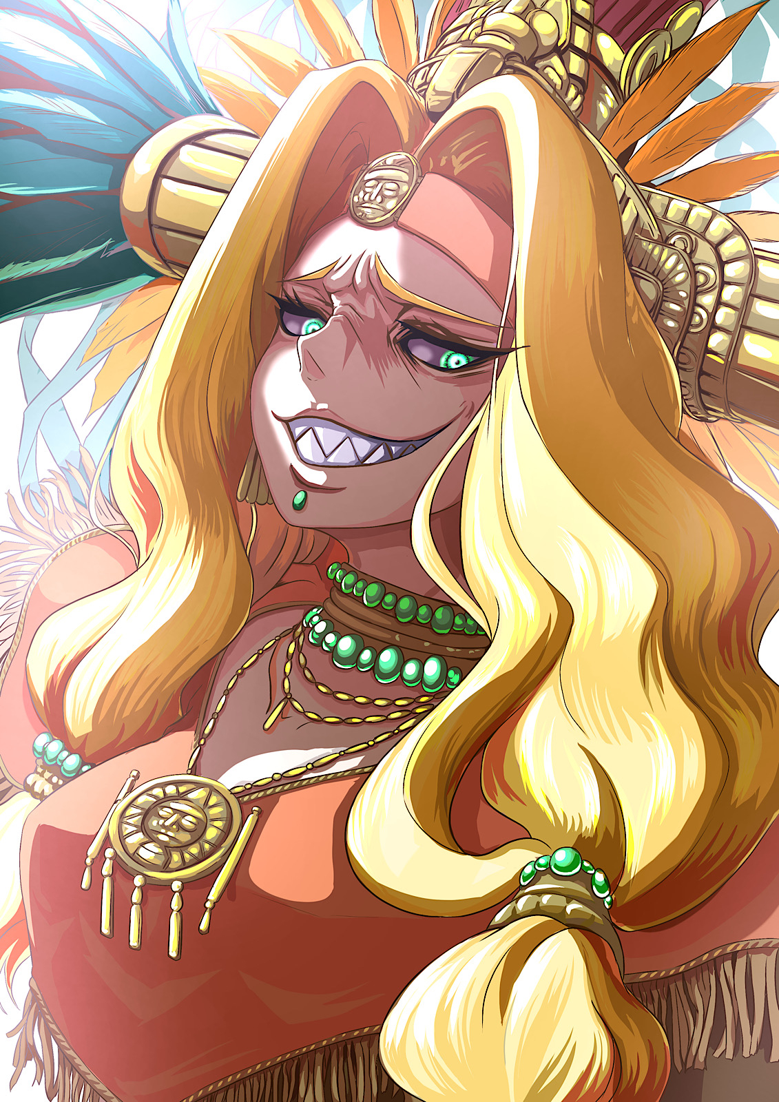 1140x1600 Wallpaper, Fate Series, Fate Grand Order, anime girls, mature women, no bra, big boobs, long hair, smiling, messy hair, 2D, looking at viewer, Quetzalcoatl FGO, blond hair, sunlight, teeth, Aztec, green, Phone