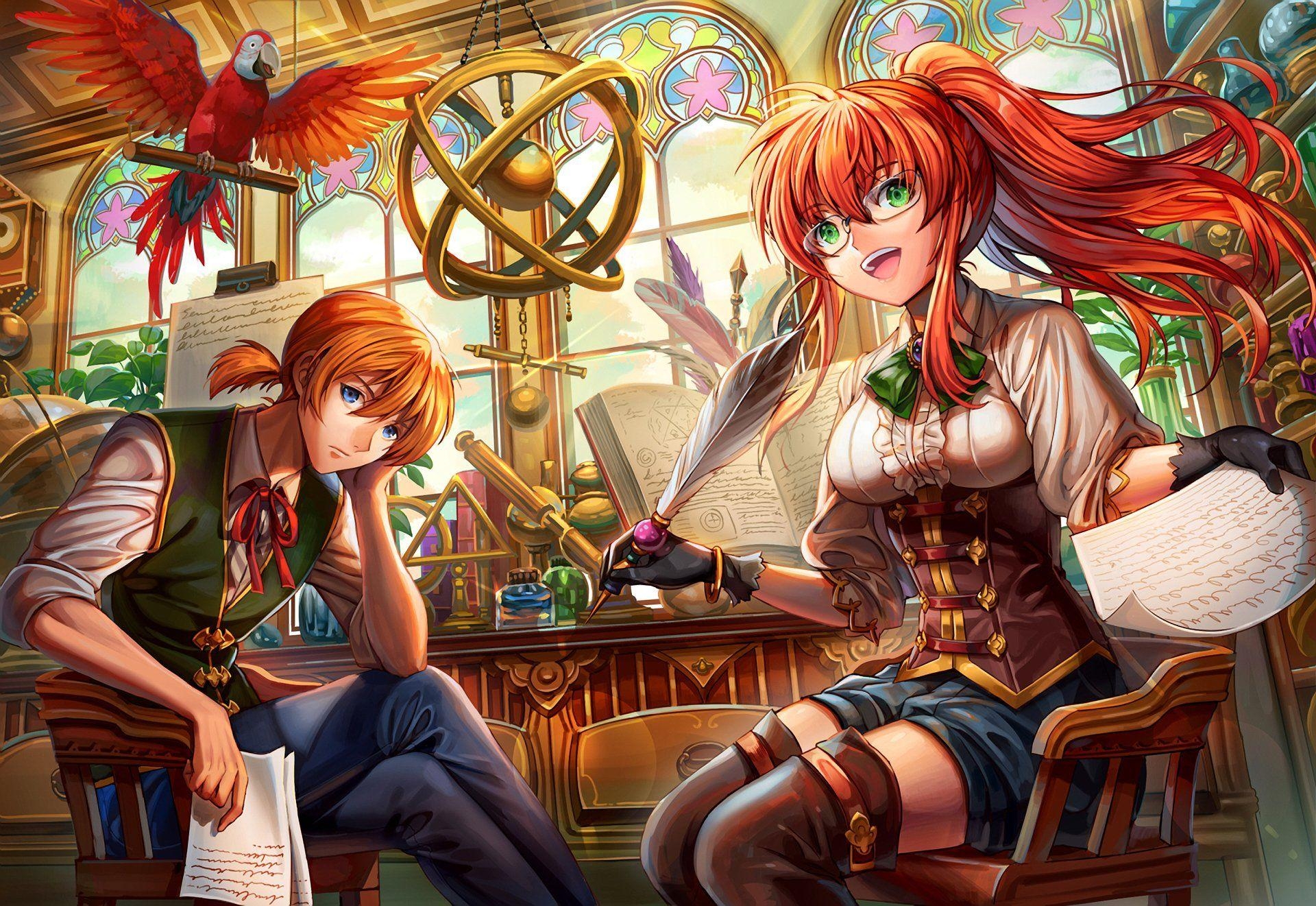 1920x1330 Anime Original Girl Boy Blue Eyes Orange Hair Red Hair Green Eyes, Desktop