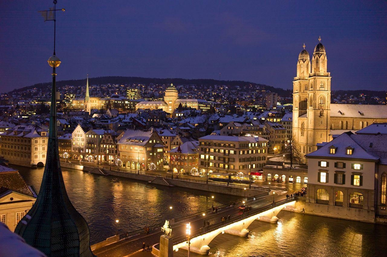 1280x860 Wallpaper Zurich Switzerland Bridges Night Rivers Street lights, Desktop