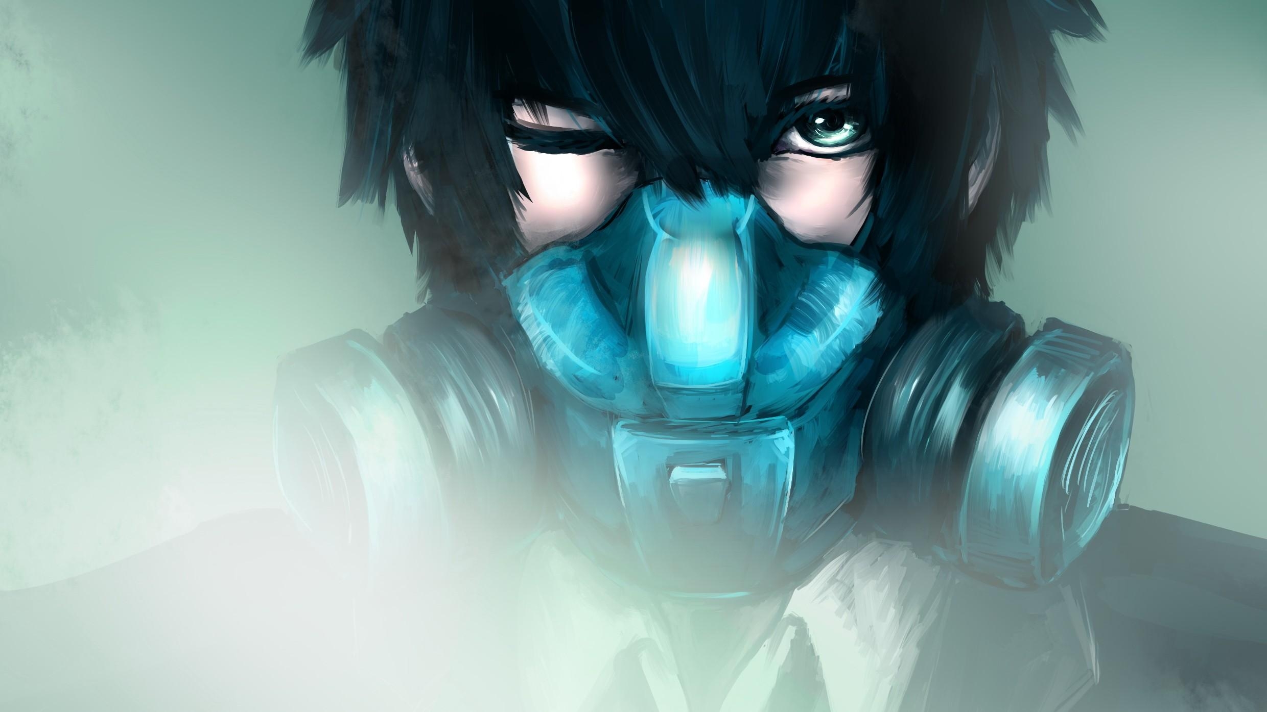 2480x1400 Close Up, Suit, Tie, Gas Masks, Green Eyes, Short Hair, Anime Boys, Desktop