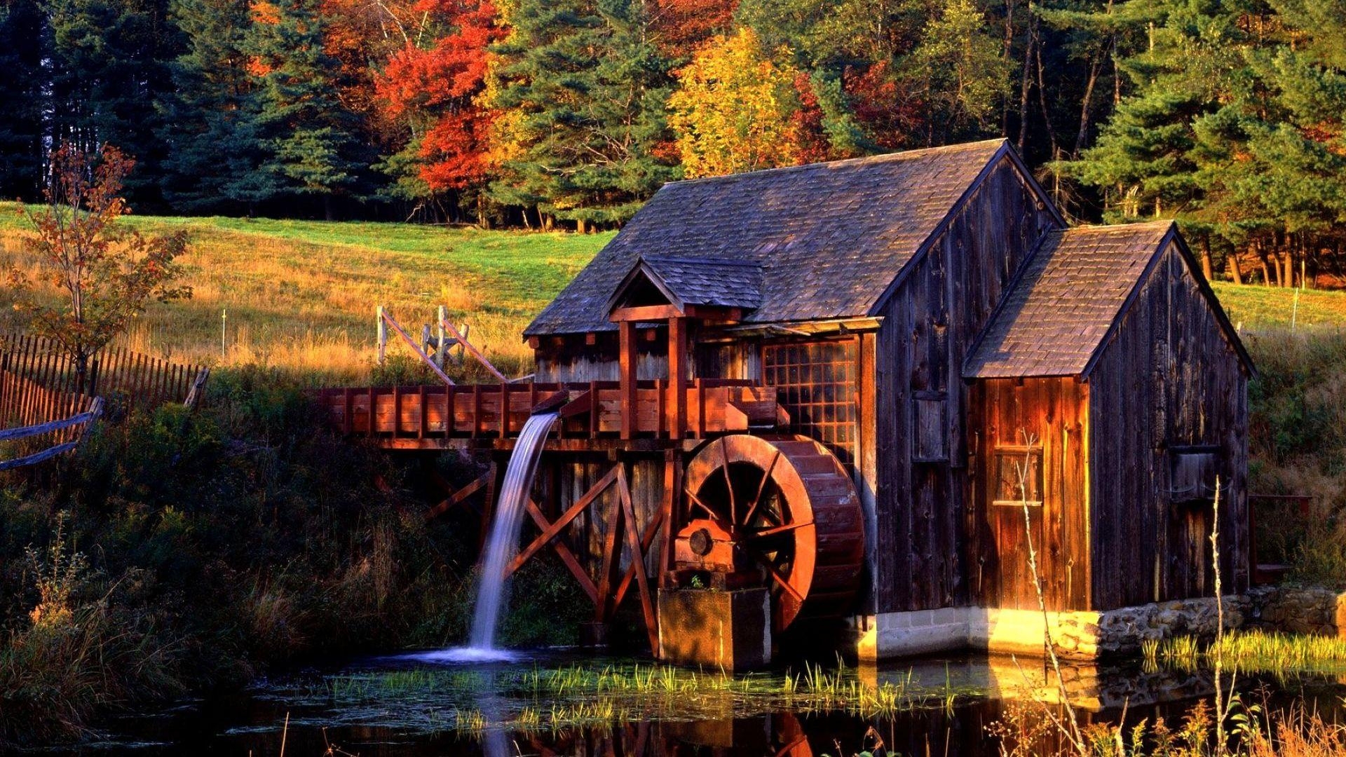 1920x1080 Watermill near the woods Wallpaper, Desktop