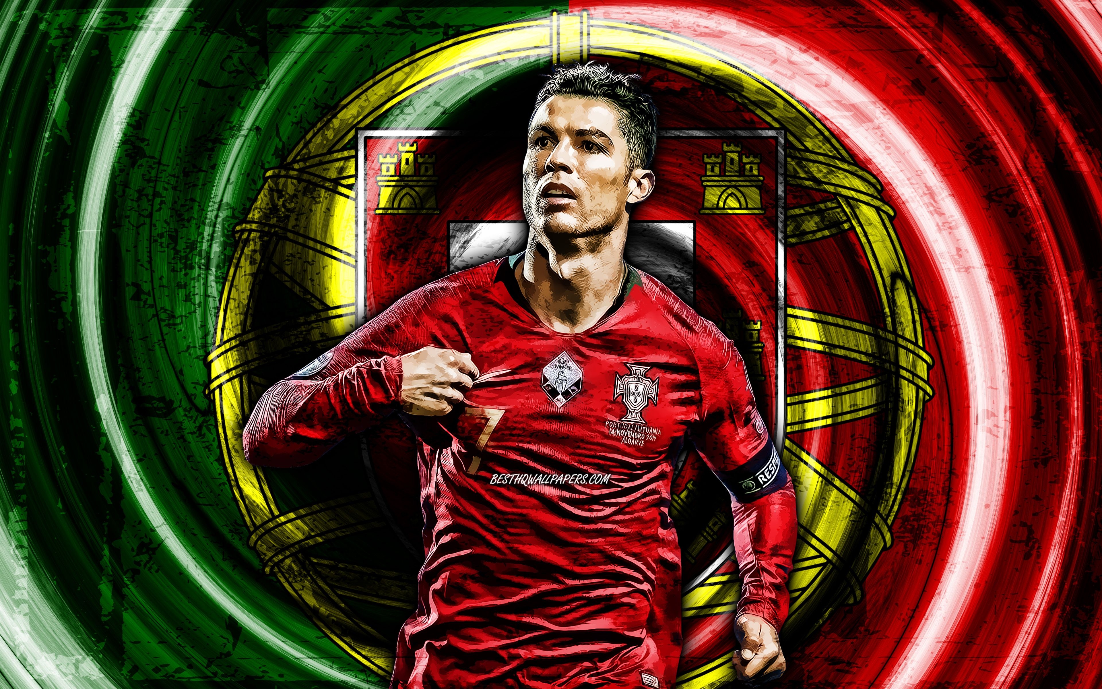 3840x2400 Download wallpaper 4K, Cristiano Ronaldo, red grunge background, Portugal National Team, soccer, vortex, footballers, Cristiano Ronaldo dos Santos Aveiro, portuguese flag, CR Portuguese football team, Cristiano Ronaldo 4K for desktop with resolution, Desktop