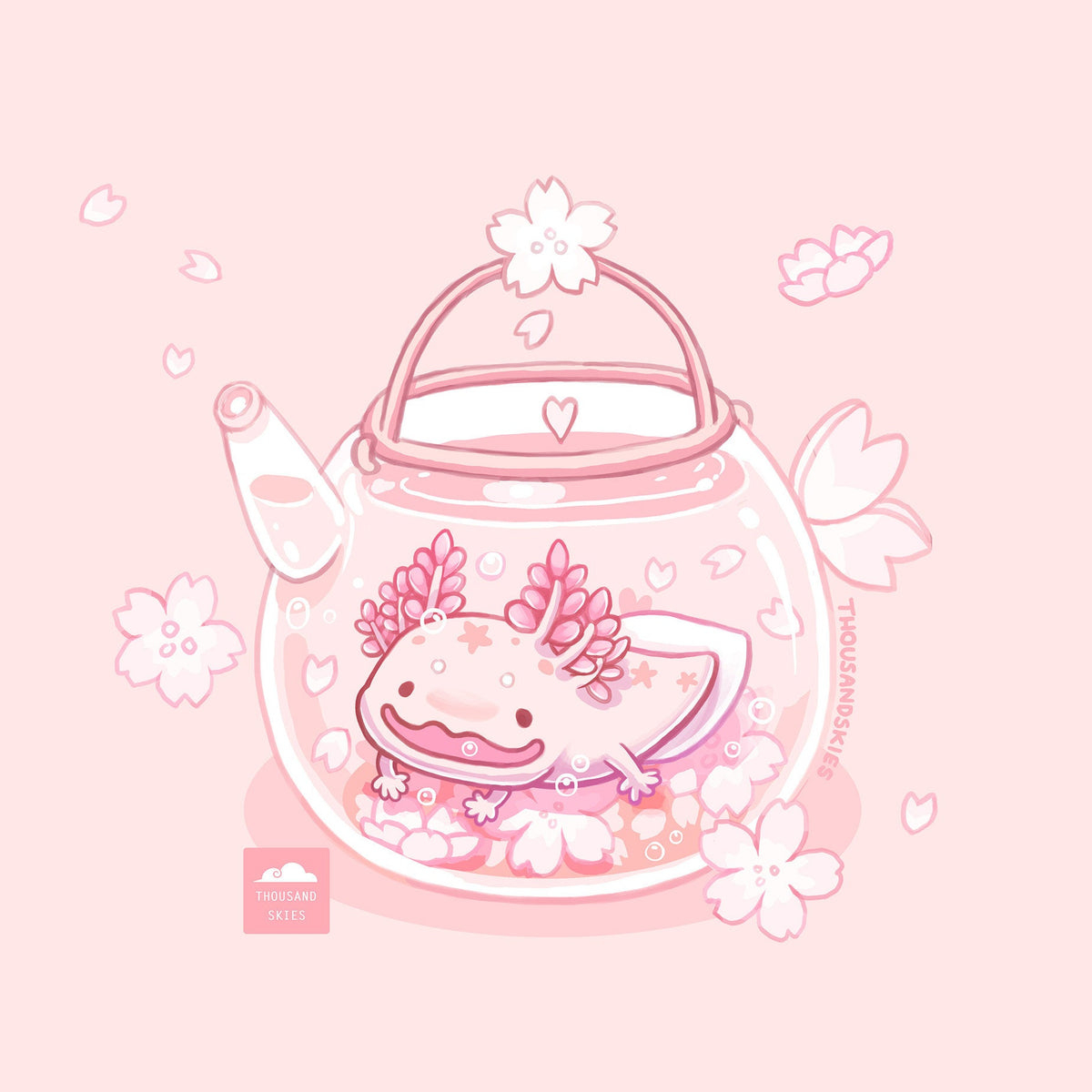 1200x1200 Axolotl Cherry Blossom Tea Bath Illustration Print, Phone