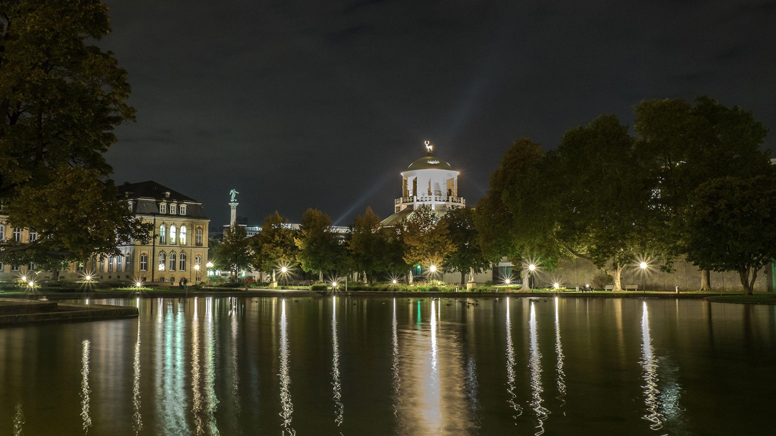 2560x1440 Wallpaper Germany Stuttgart Pond night time Street lights, Desktop