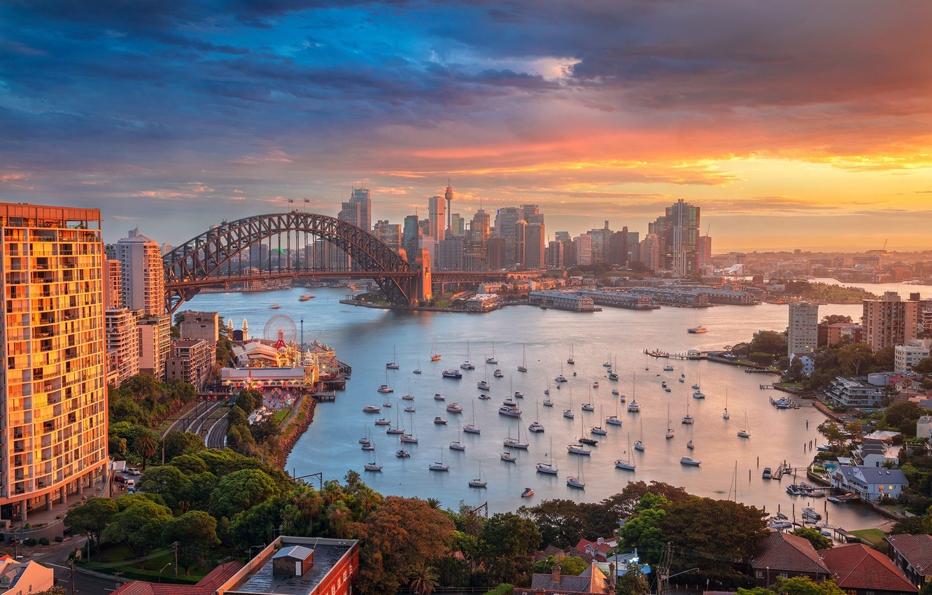 1340x850 Wallpaper sunset, bridge, building, home, yachts, Australia, Bay, Sydney, harbour, Australia, Sydney, Harbour Bridge, Harbour Bridge, Port Jackson, The Bay Of Port Jackson image for desktop, section город, Desktop