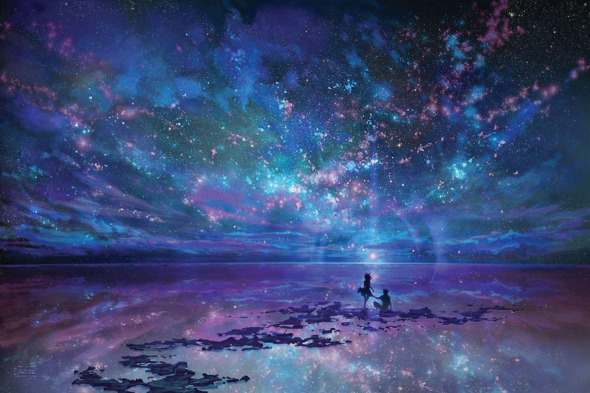 1920x1280 Anime Sky Anime Blue Purple Reflection Couple Ocean Wallpaper, Desktop