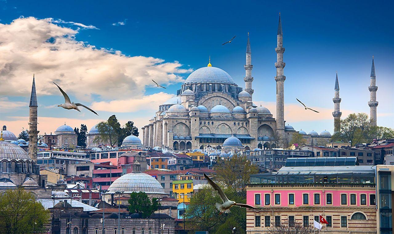 1280x760 Wallpaper Istanbul Birds Mosque Turkey Temples Cities Clouds, Desktop