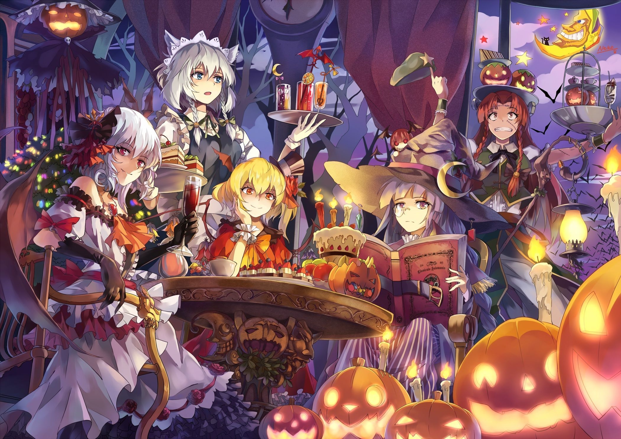 2100x1490 Touhou book braids cake dress drink fang gloves group hat headdress koakuma maid pumpkin red eyes red hair sca. Anime halloween, Anime wallpaper, Anime picture hd, Desktop