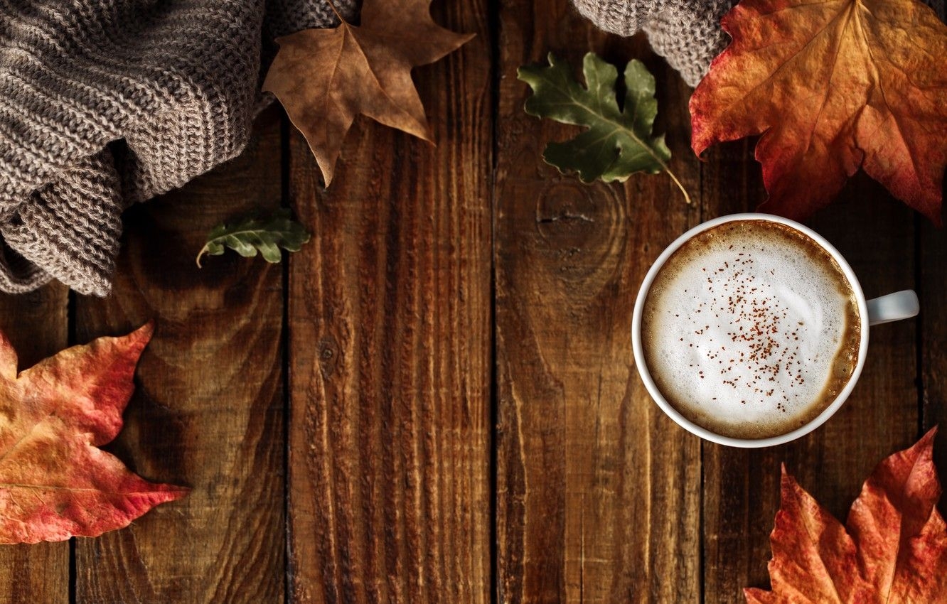 1340x850 Wallpaper autumn, leaves, background, colorful, wood, background, autumn, leaves, cup, coffee, autumn, a Cup of coffee, maple image for desktop, section еда, Desktop