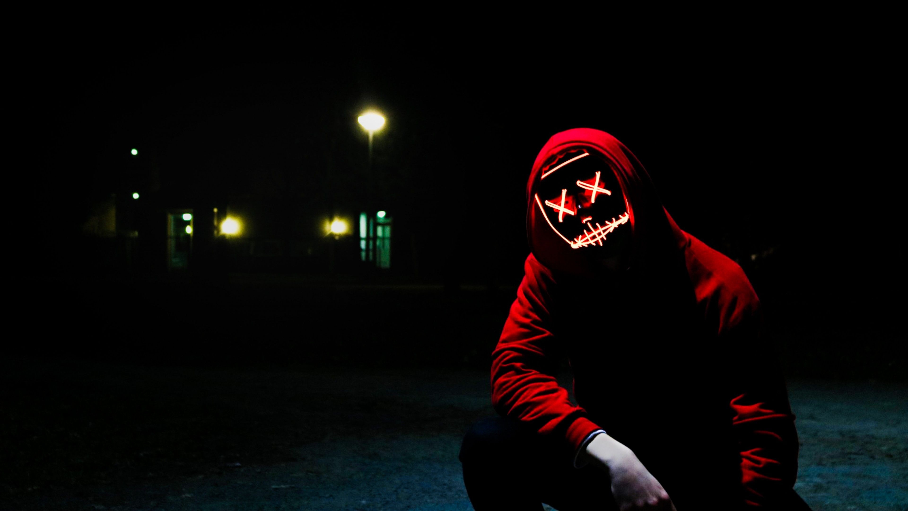 3840x2160 Man 4K Wallpaper, LED mask, Dope, Night, Anonymous, Hoodie, Dark, 5K, Photography, Desktop