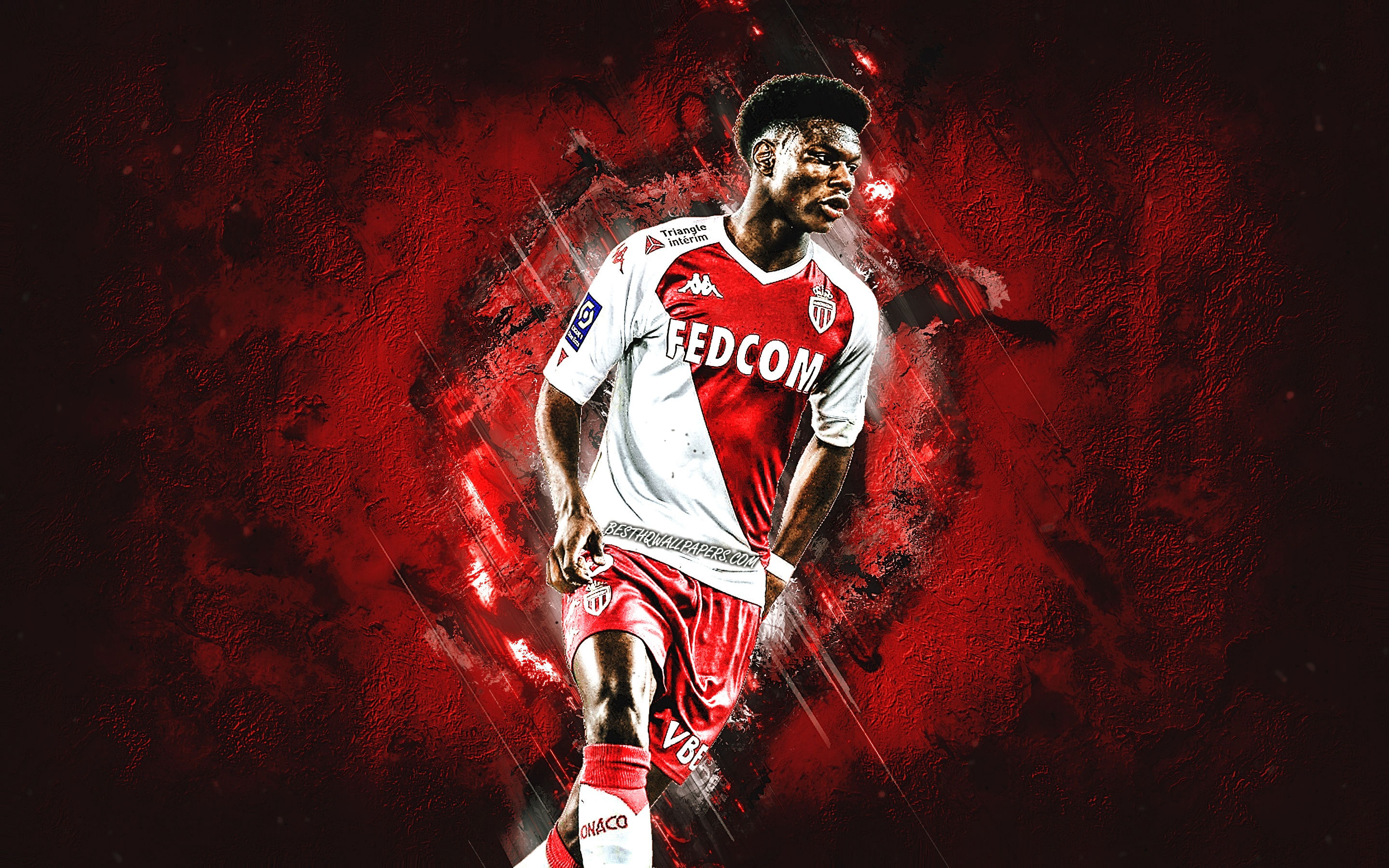 2880x1800 Download wallpaper Aurelien Tchouameni, AS Monaco FC, French footballer, midfielder, Monaco, red stone background, Ligue soccer for desktop with resolution. High Quality HD picture wallpaper, Desktop