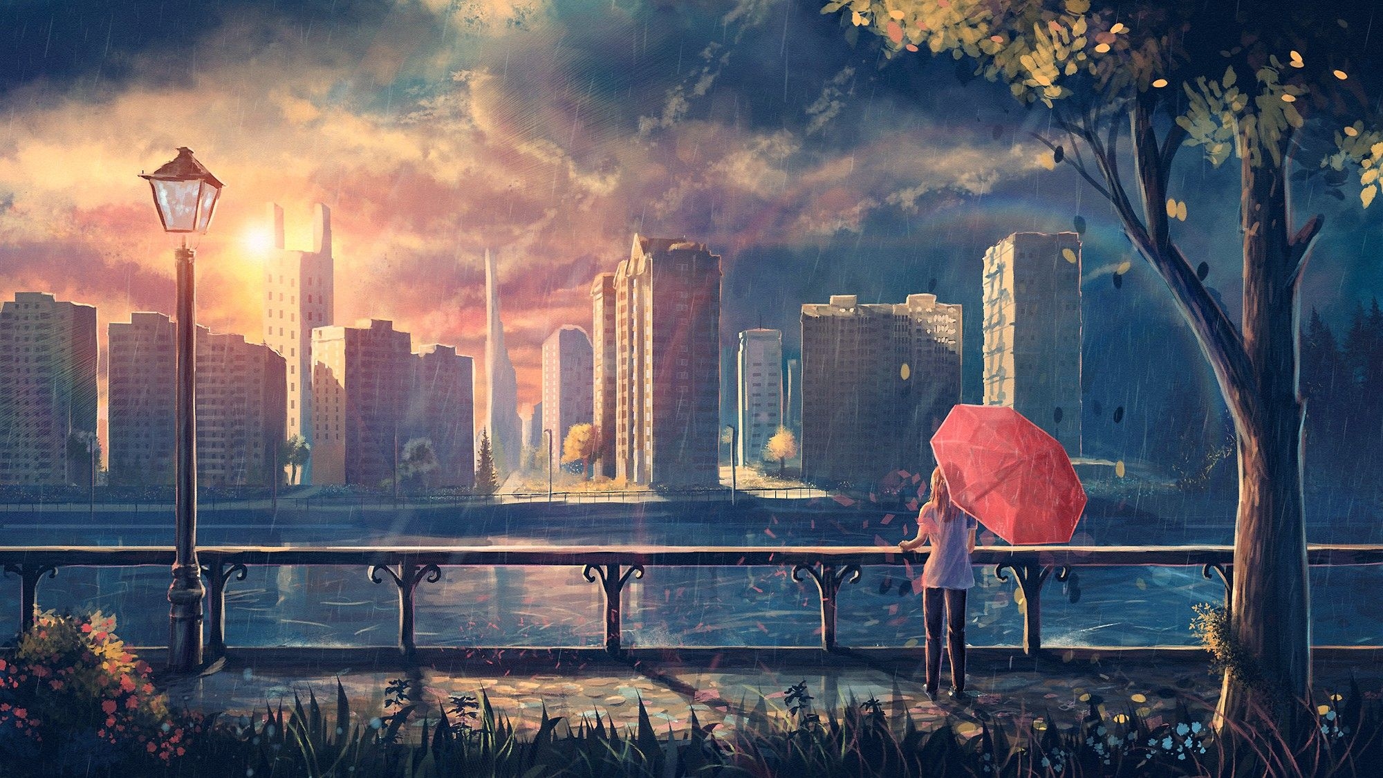 2000x1130 #anime girls, #umbrella, #artwork, #cityscape, #anime, Desktop