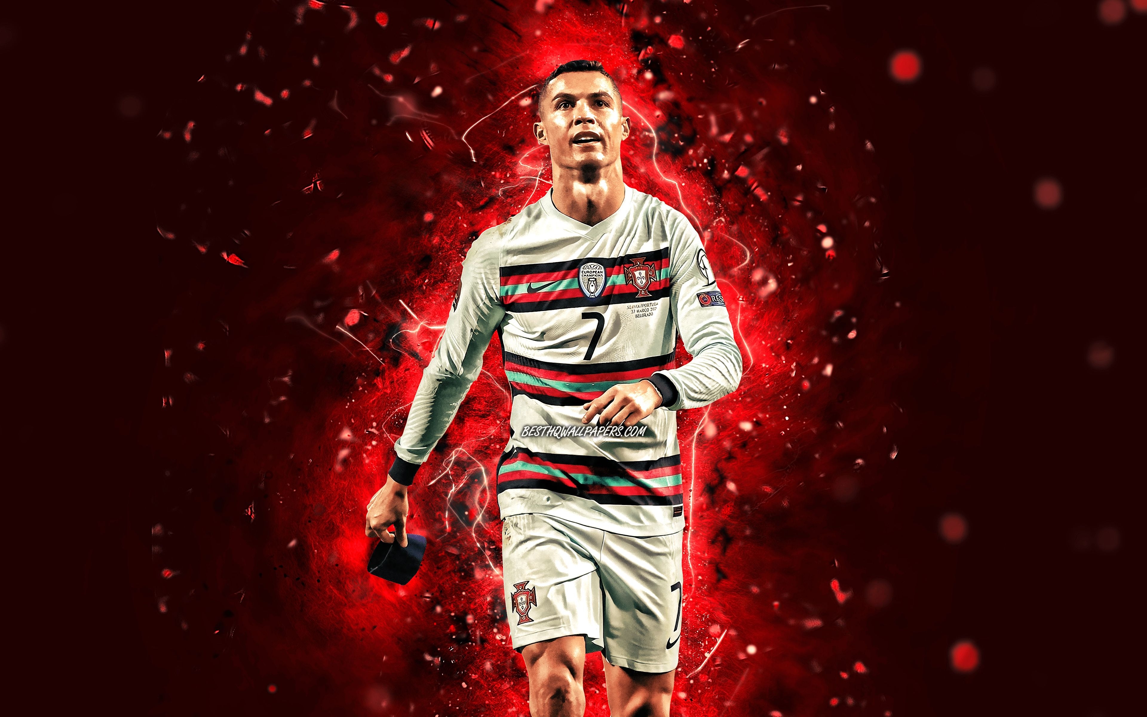 3840x2400 Download wallpaper 4k, Cristiano Ronaldo, Portugal National Team, soccer, footballers, Cristiano Ronaldo dos Santos Aveiro, red neon lights, Portuguese football team, CR Cristiano Ronaldo 4K for desktop with resolution. High, Desktop