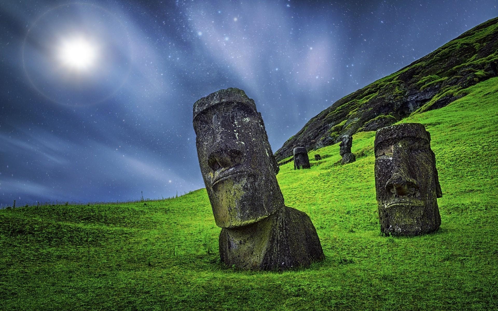 1920x1200 enigma nature landscape moai sculpture starry night grass moonlight, Desktop